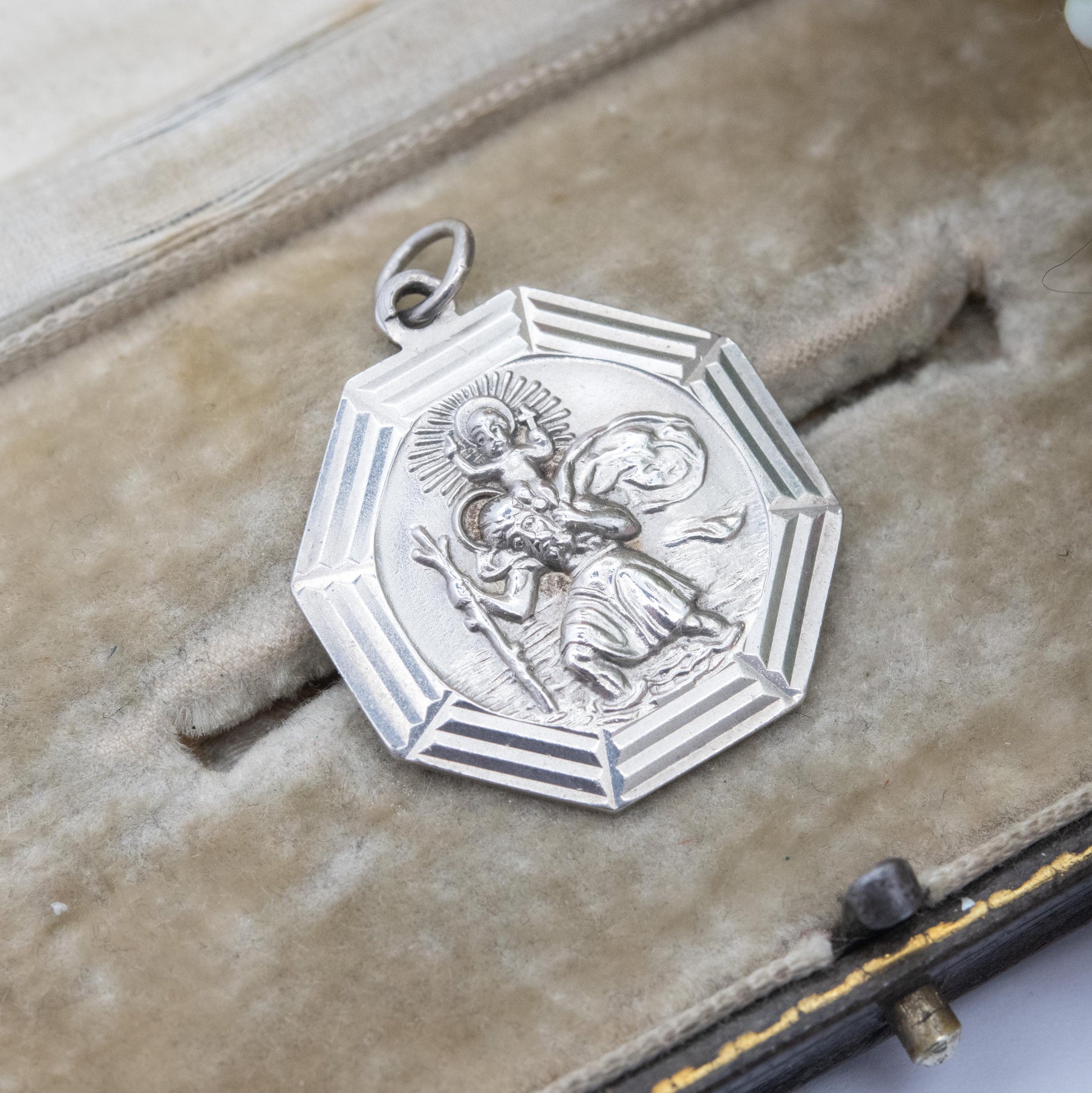Vintage Georg Jensen Sterling Silver St. Christopher Pendant - Embossed Relief | Geometric Octagon Border | Saint of Travelling