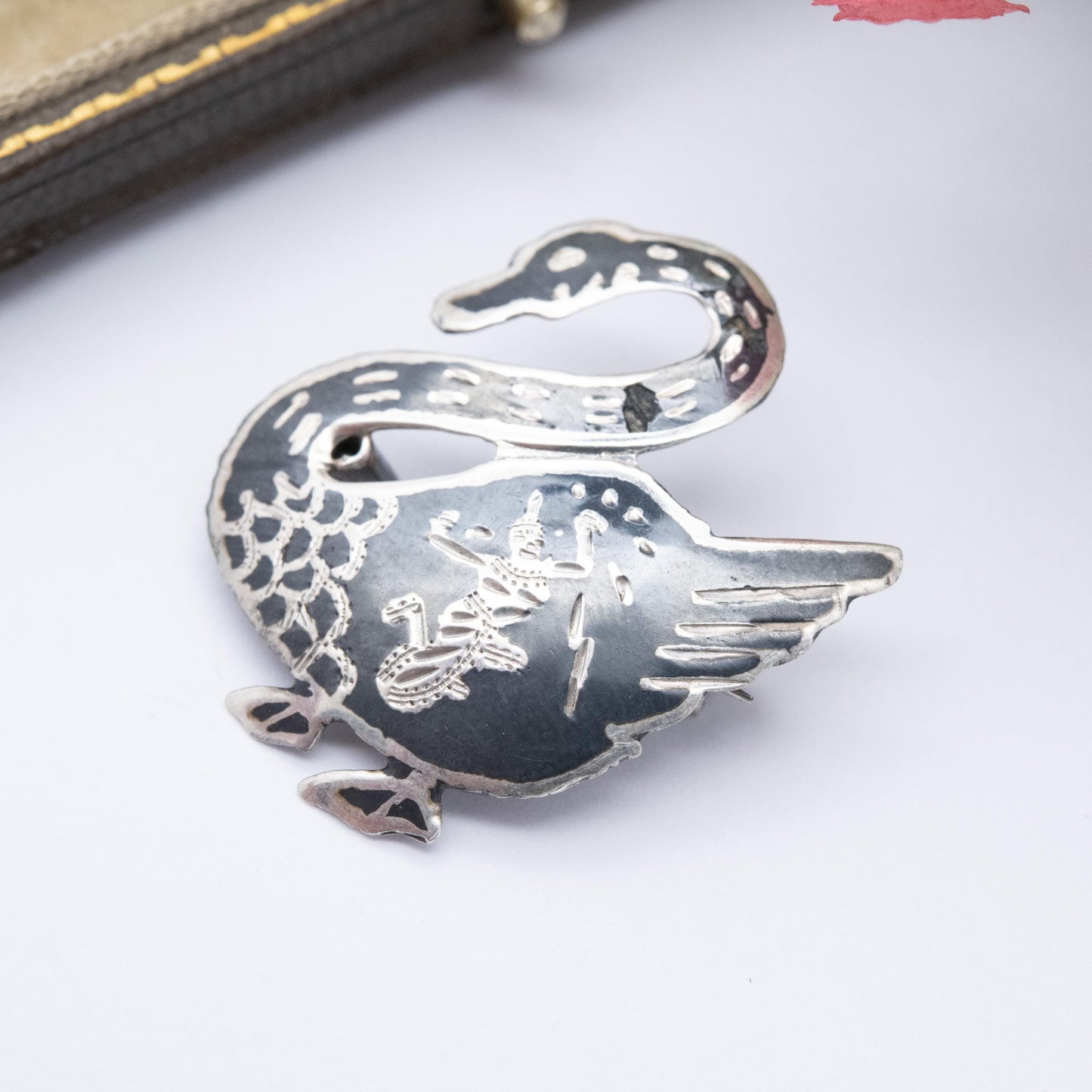 Vintage Thailand Sterling Silver Swan Brooch - Mekkala Goddess of Lightning | Black Niello | Vintage Siam Silver