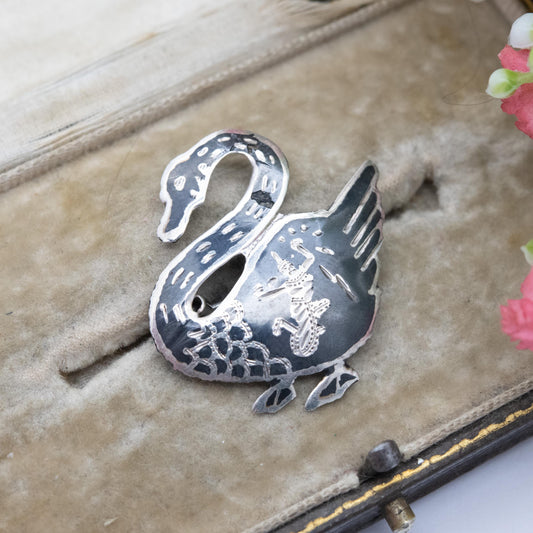 Vintage Thailand Sterling Silver Swan Brooch - Mekkala Goddess of Lightning | Black Niello | Vintage Siam Silver