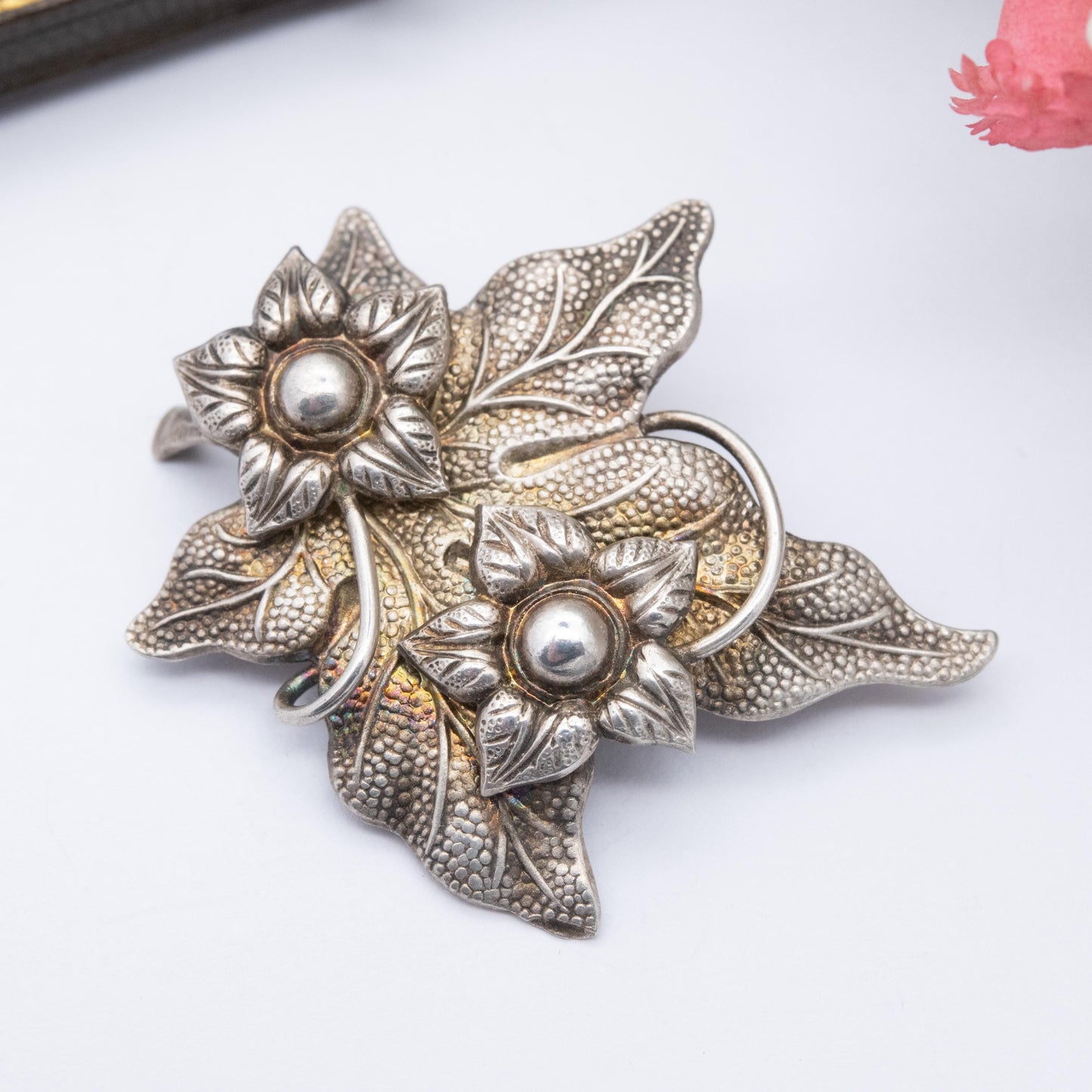 Vintage Sterling Silver Flower and Leaf Brooch - Mid-Century Floral Jewellery | Nature Lover | Gift for Her