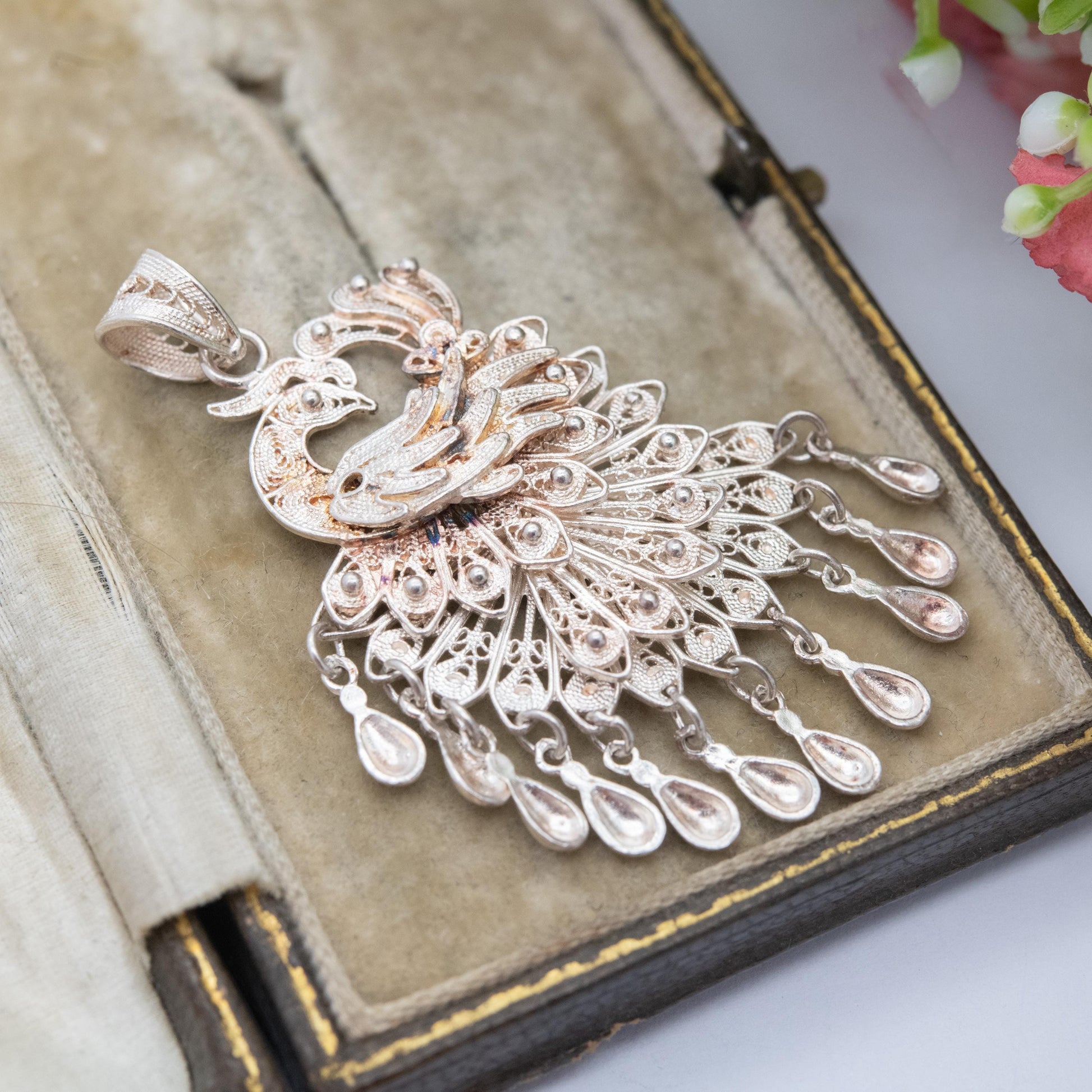 Vintage Sterling Silver Filigree Peacock Pendant - Articulated Bird Jewellery | Ornate Openwork | Gift for Pendant Necklace