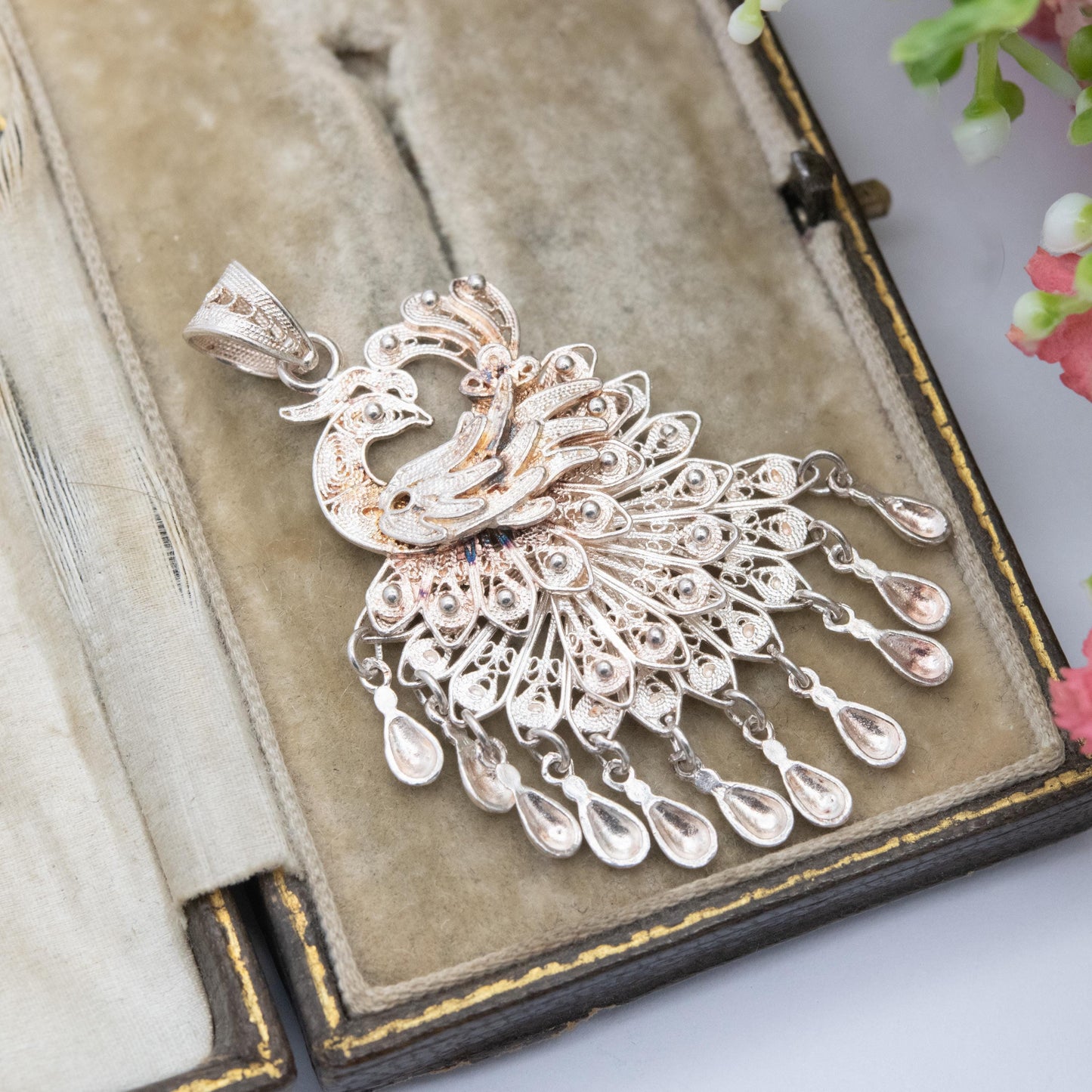 Vintage Sterling Silver Filigree Peacock Pendant - Articulated Bird Jewellery | Ornate Openwork | Gift for Pendant Necklace