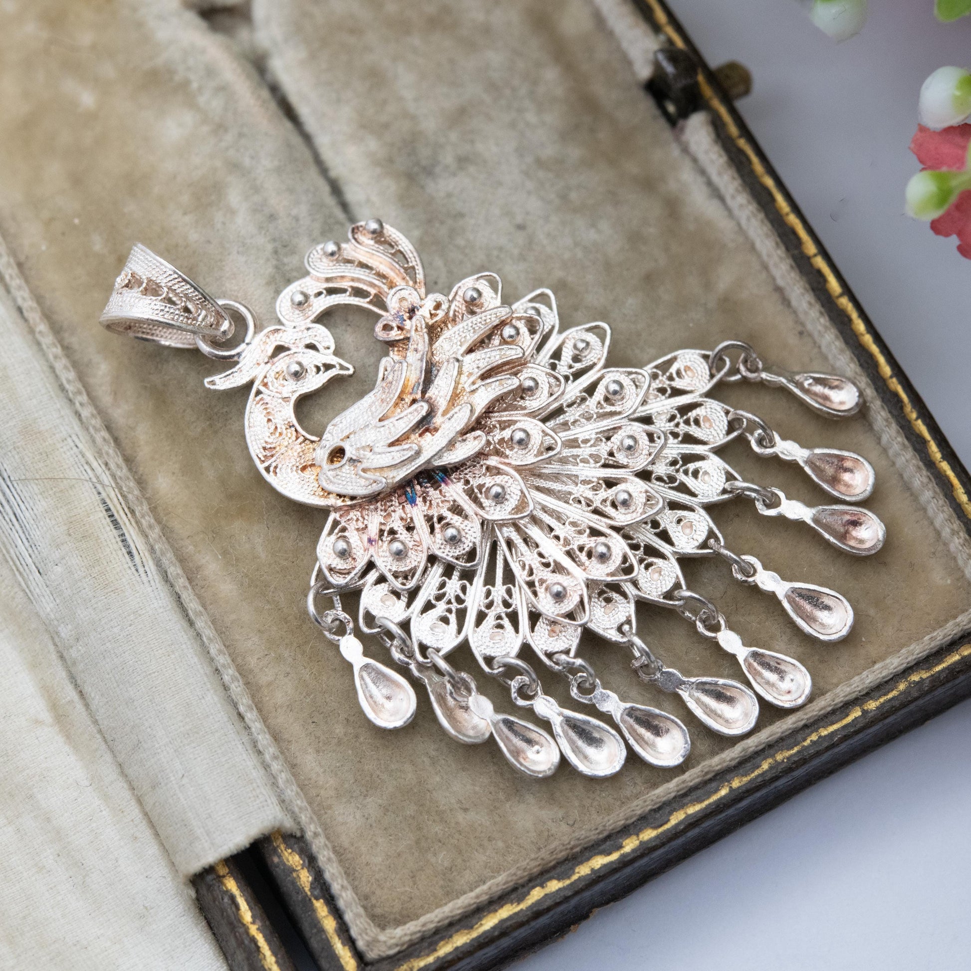 Vintage Sterling Silver Filigree Peacock Pendant - Articulated Bird Jewellery | Ornate Openwork | Gift for Pendant Necklace