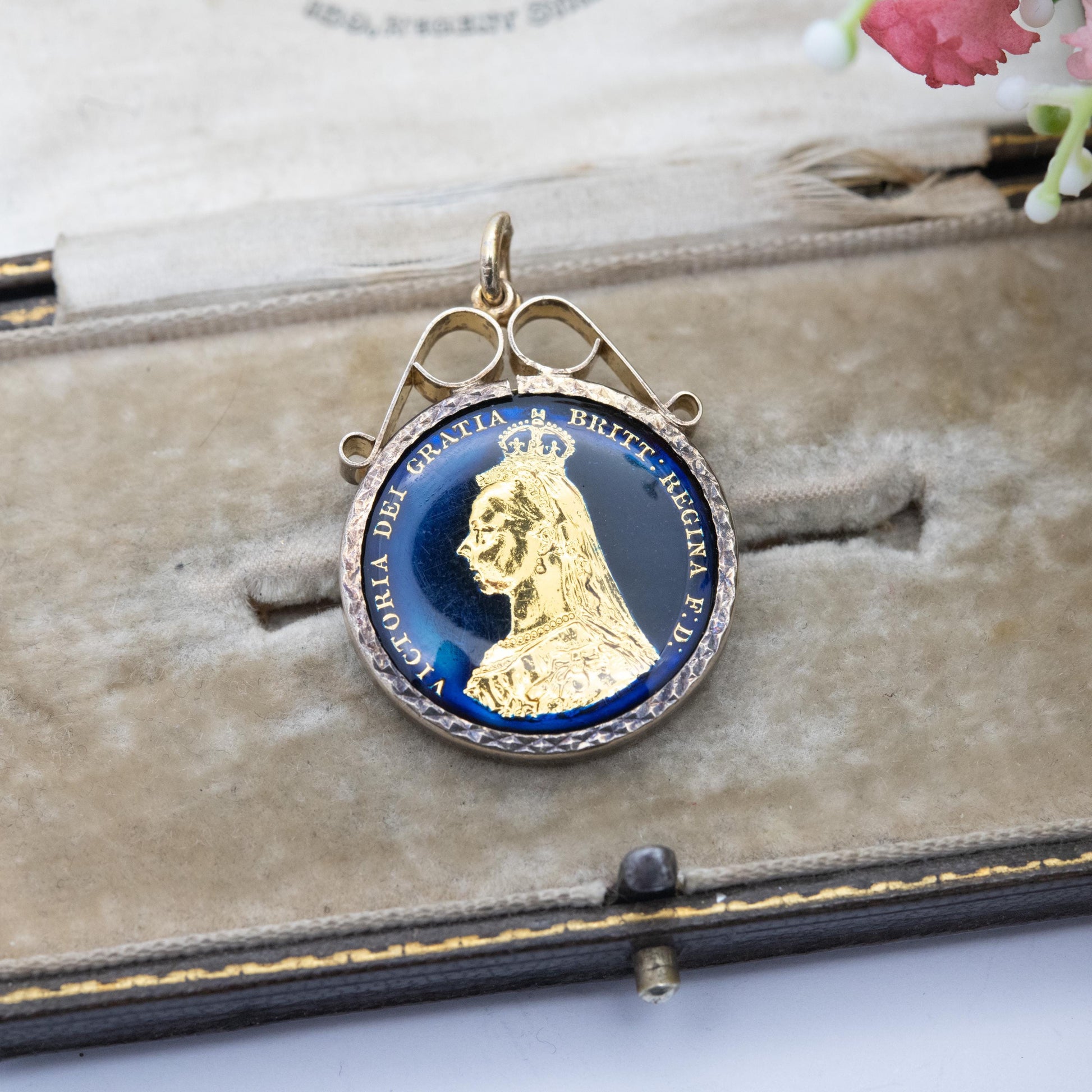 Antique Victoria Shilling Coin Pendant 1887 Enamelled and Gold Plated