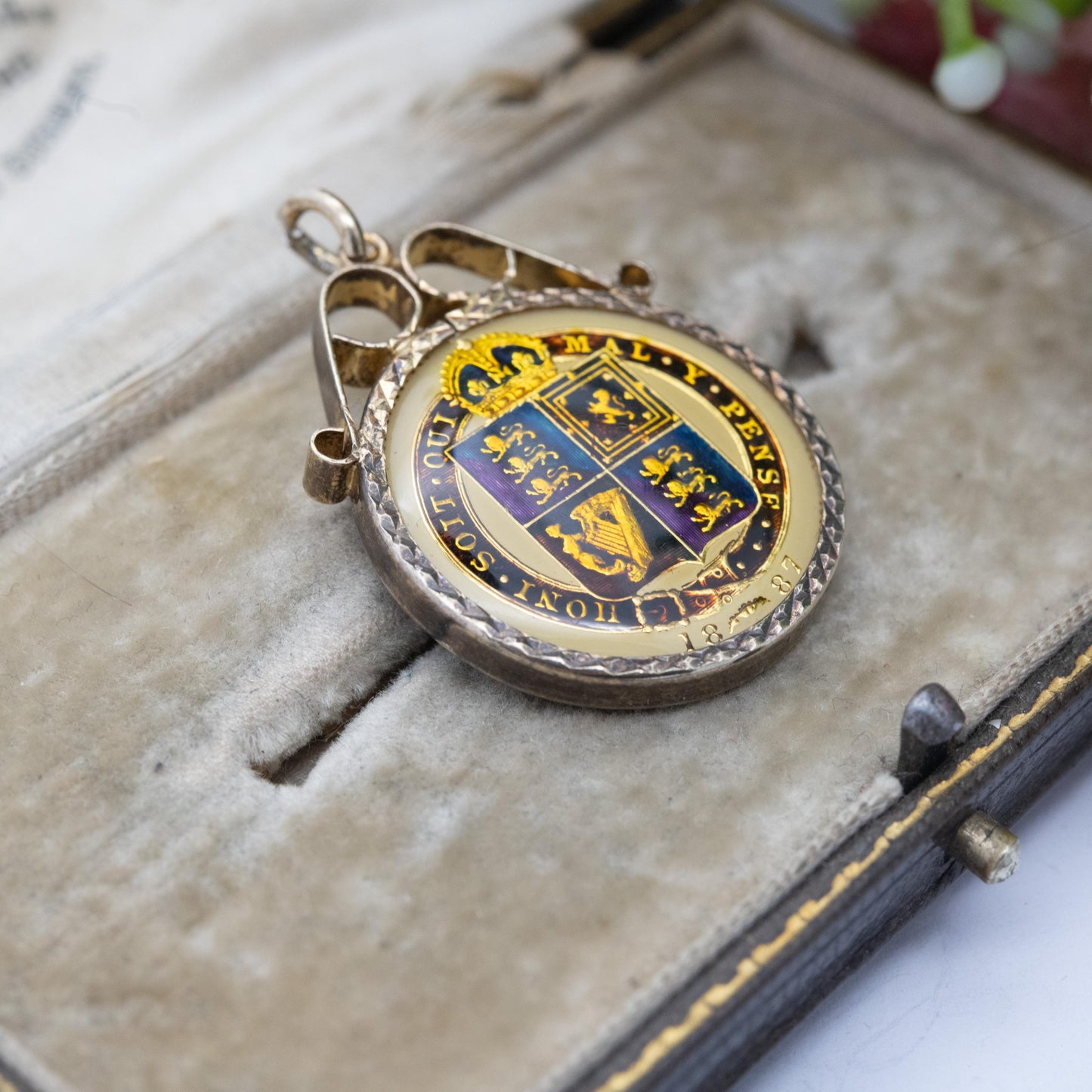 Antique Victoria Shilling Coin Pendant 1887 Enamelled and Gold Plated