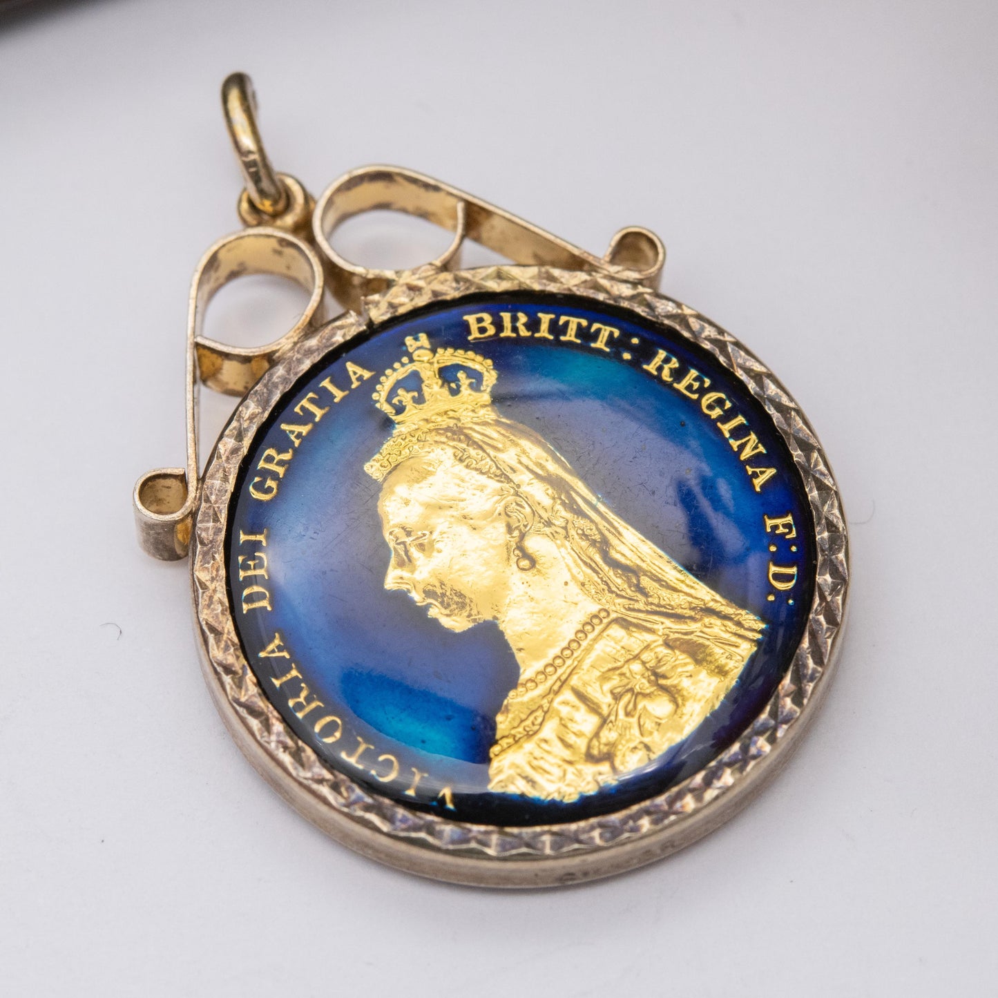 Antique Victoria Shilling Coin Pendant 1887 Enamelled and Gold Plated