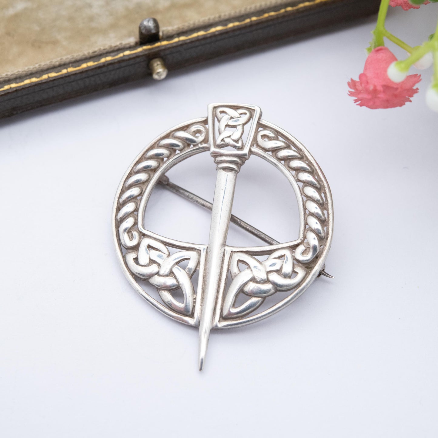 Vintage Sterling Silver Celtic Penannular Brooch - Knotted Triquetra and Rope Twist Design