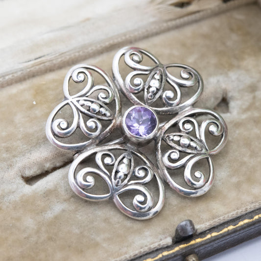 Vintage Sterling Silver Amethyst Floral Brooch - Openwork Flower Jewellery | Gift for Her