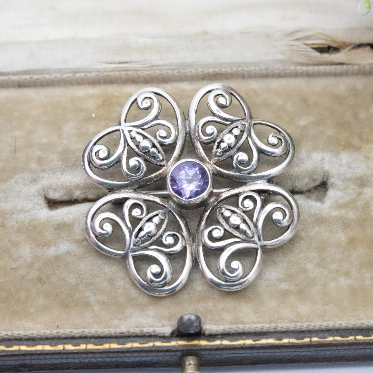 Vintage Sterling Silver Amethyst Floral Brooch - Openwork Flower Jewellery | Gift for Her