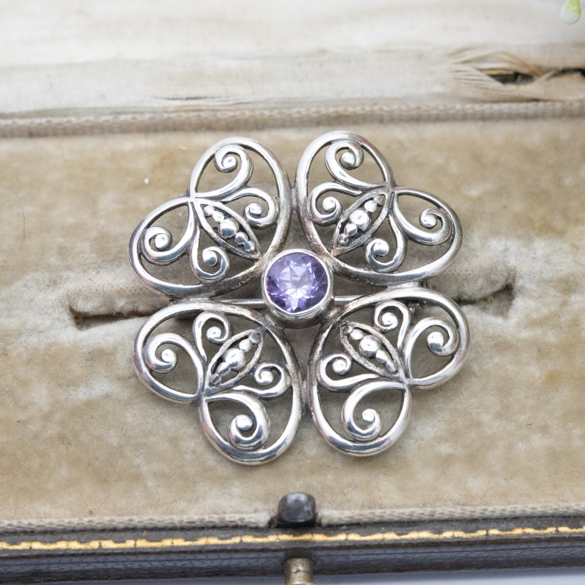 Vintage Sterling Silver Amethyst Floral Brooch - Openwork Flower Jewellery | Gift for Her