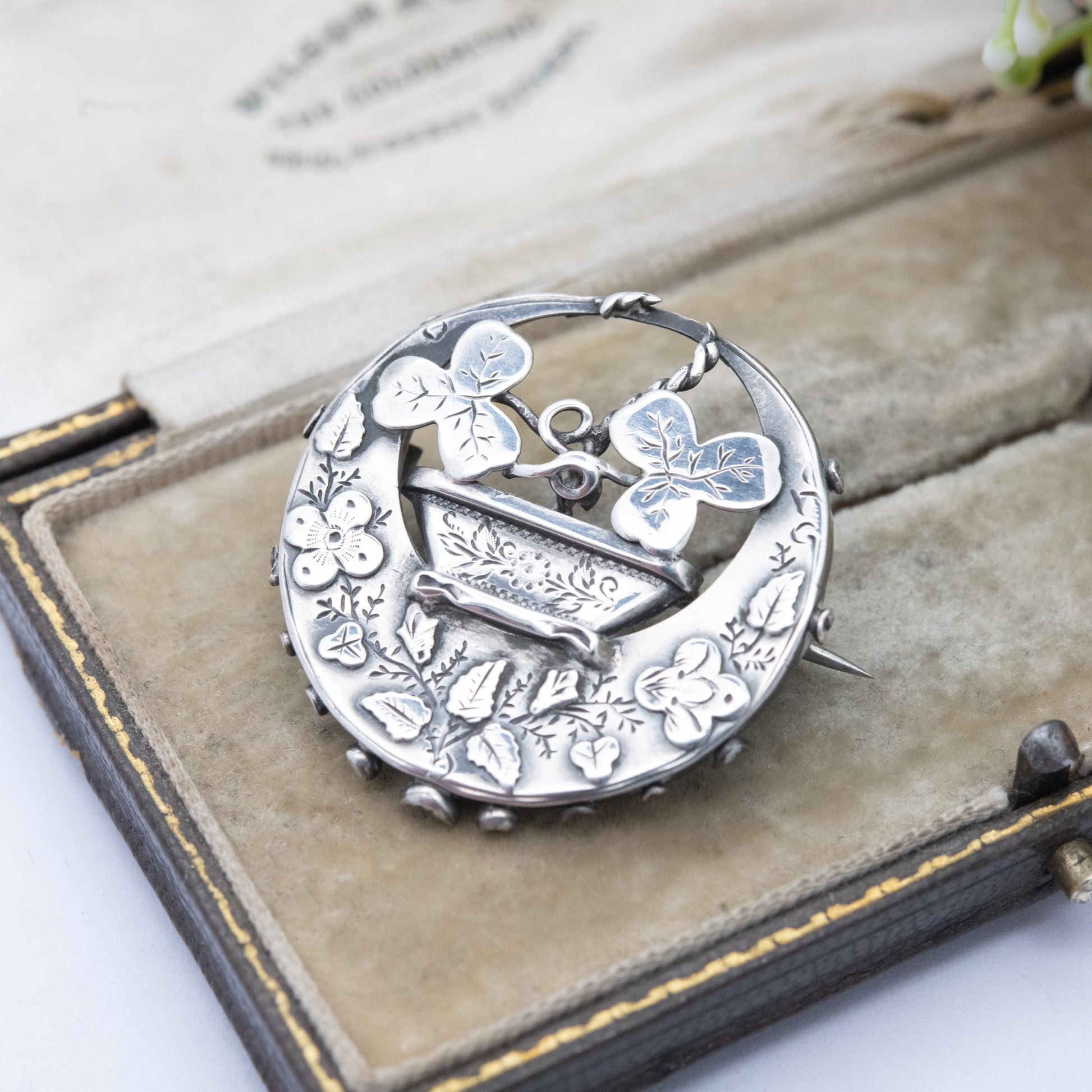 Antique Victorian Sterling Silver Aesthetic Movement Flower Brooch 1890 - Ivy Clover and Flower Design
