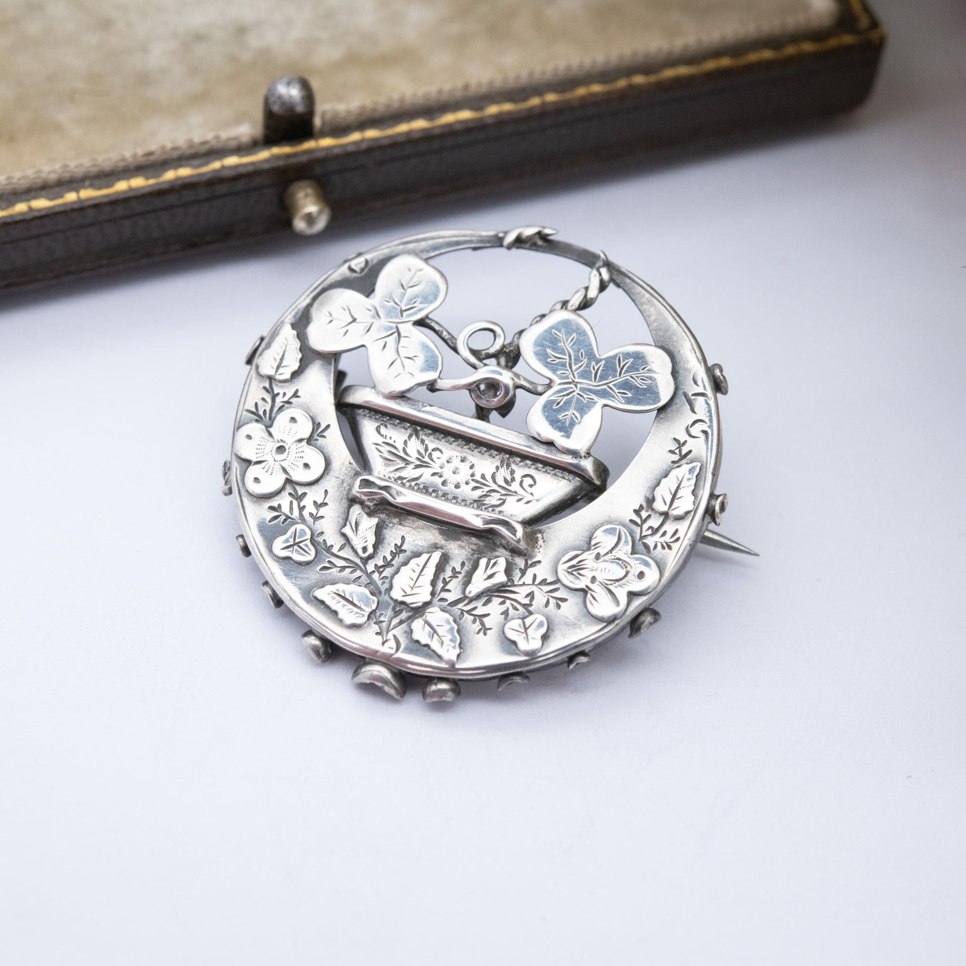 Antique Victorian Sterling Silver Aesthetic Movement Flower Brooch 1890 - Ivy Clover and Flower Design