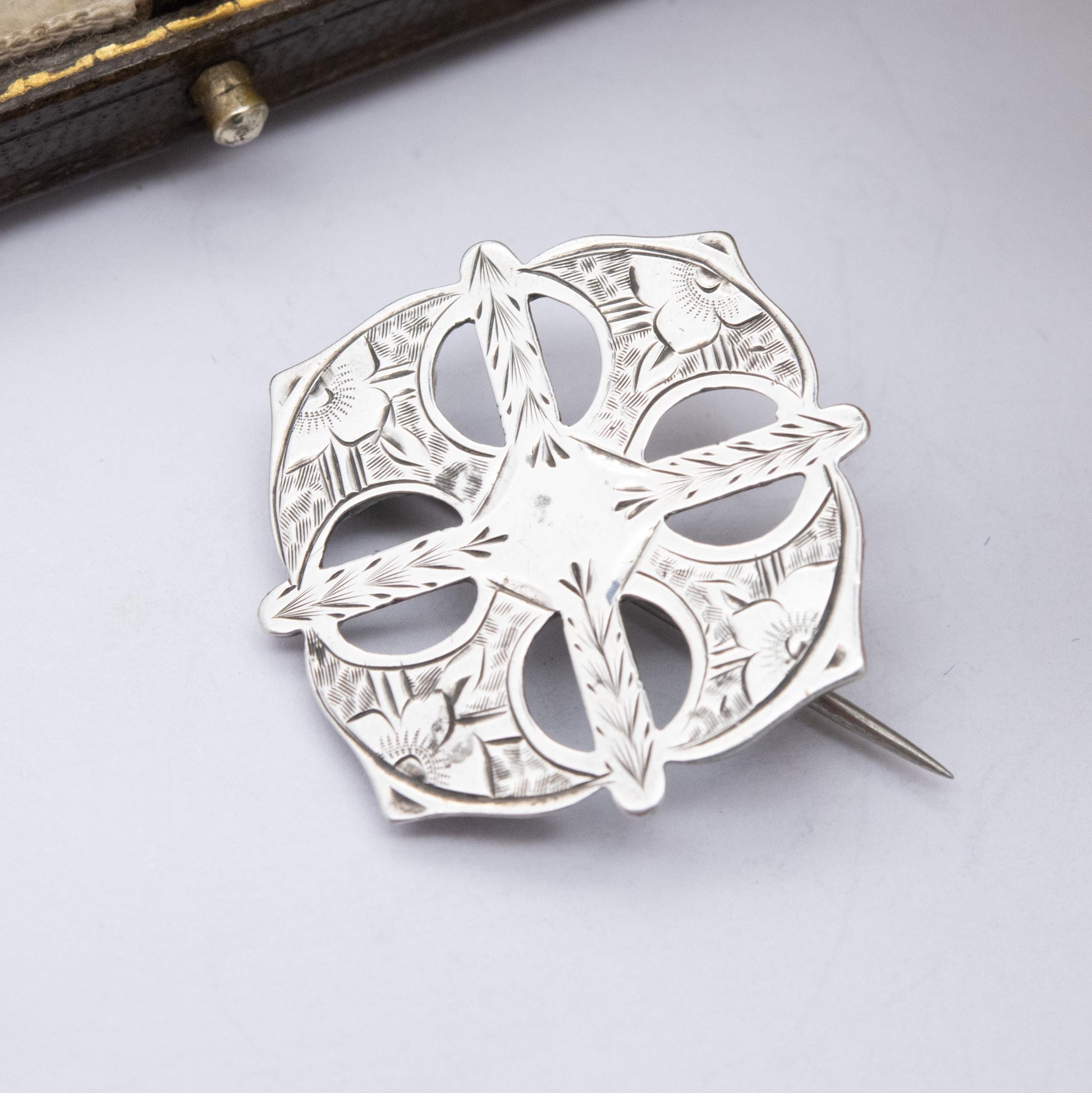 Antique Victorian Sterling Silver Floral Brooch - Victorian Aesthetic Movement Rounded Cross Design