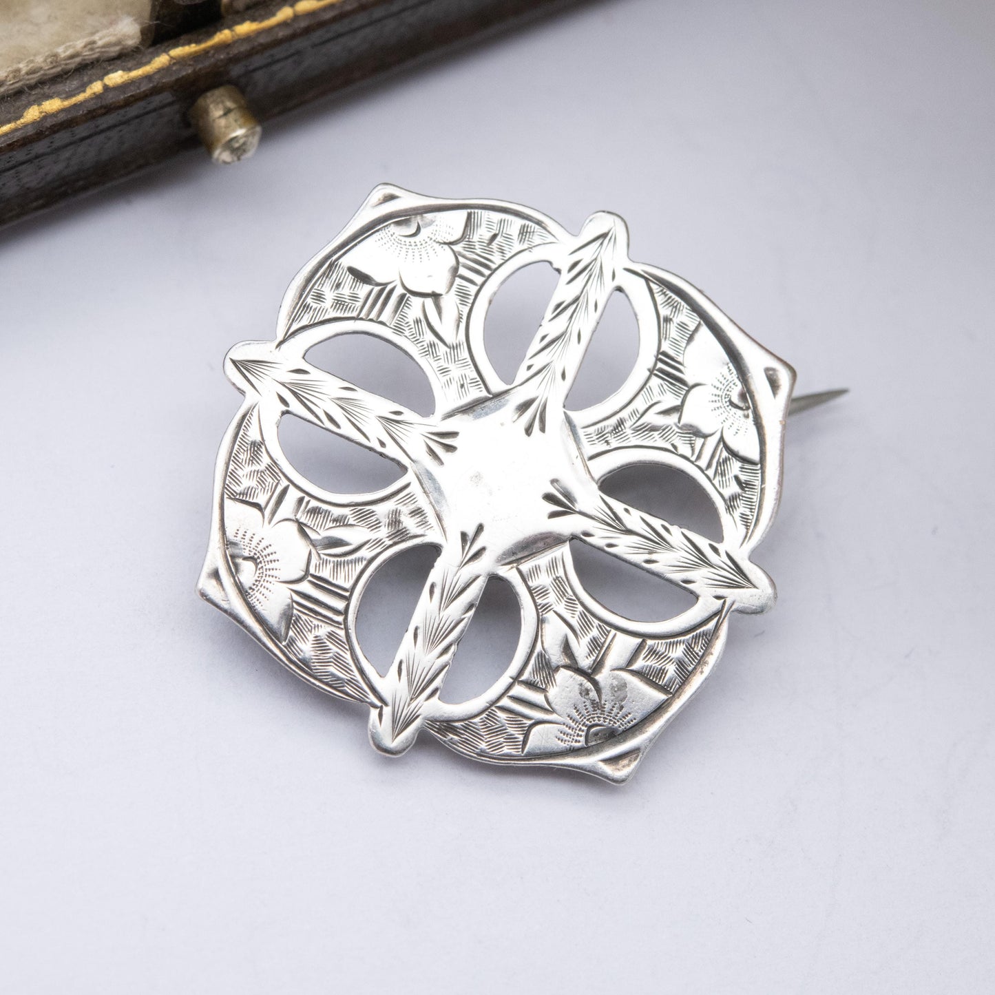 Antique Victorian Sterling Silver Floral Brooch - Victorian Aesthetic Movement Rounded Cross Design