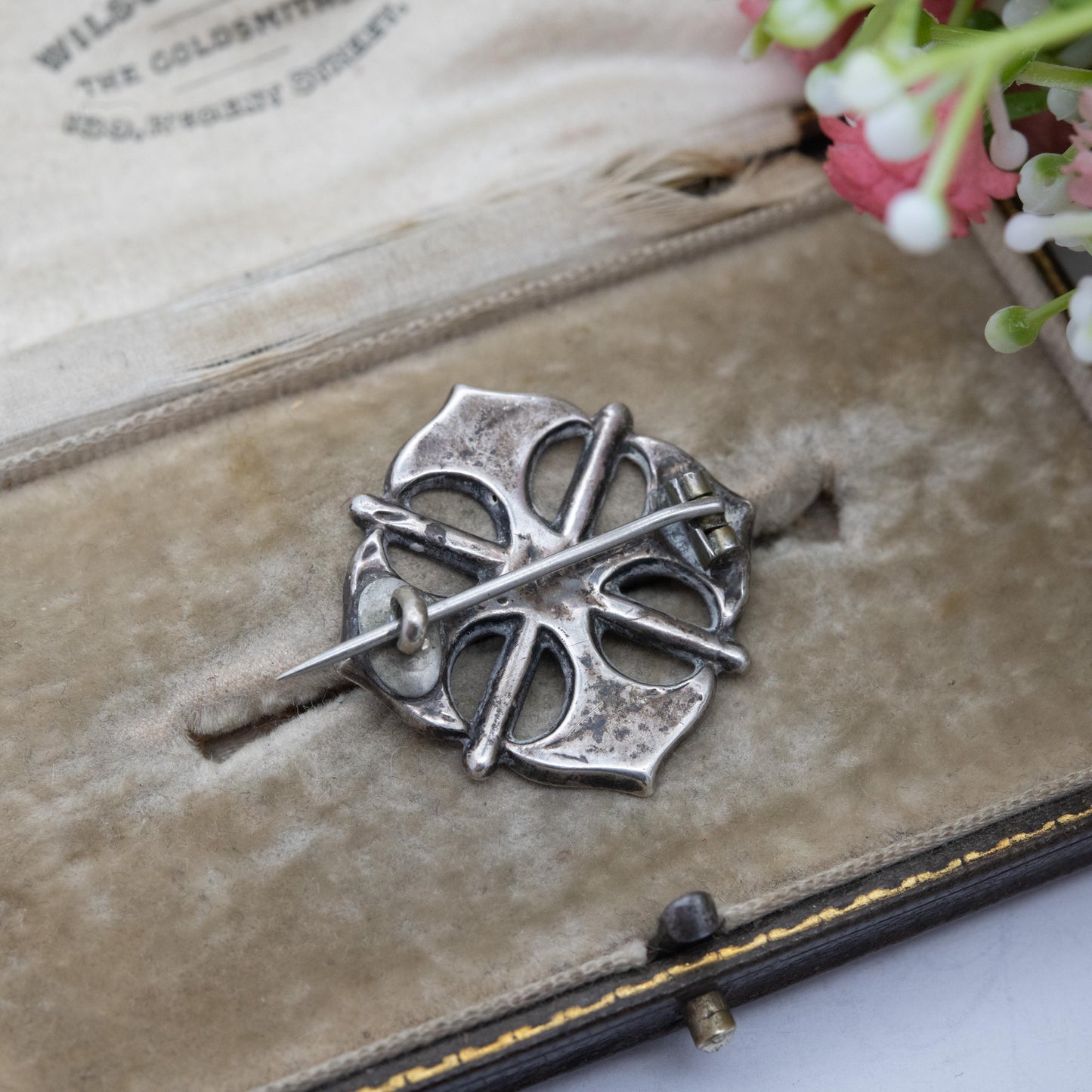 Antique Victorian Sterling Silver Floral Brooch - Victorian Aesthetic Movement Rounded Cross Design