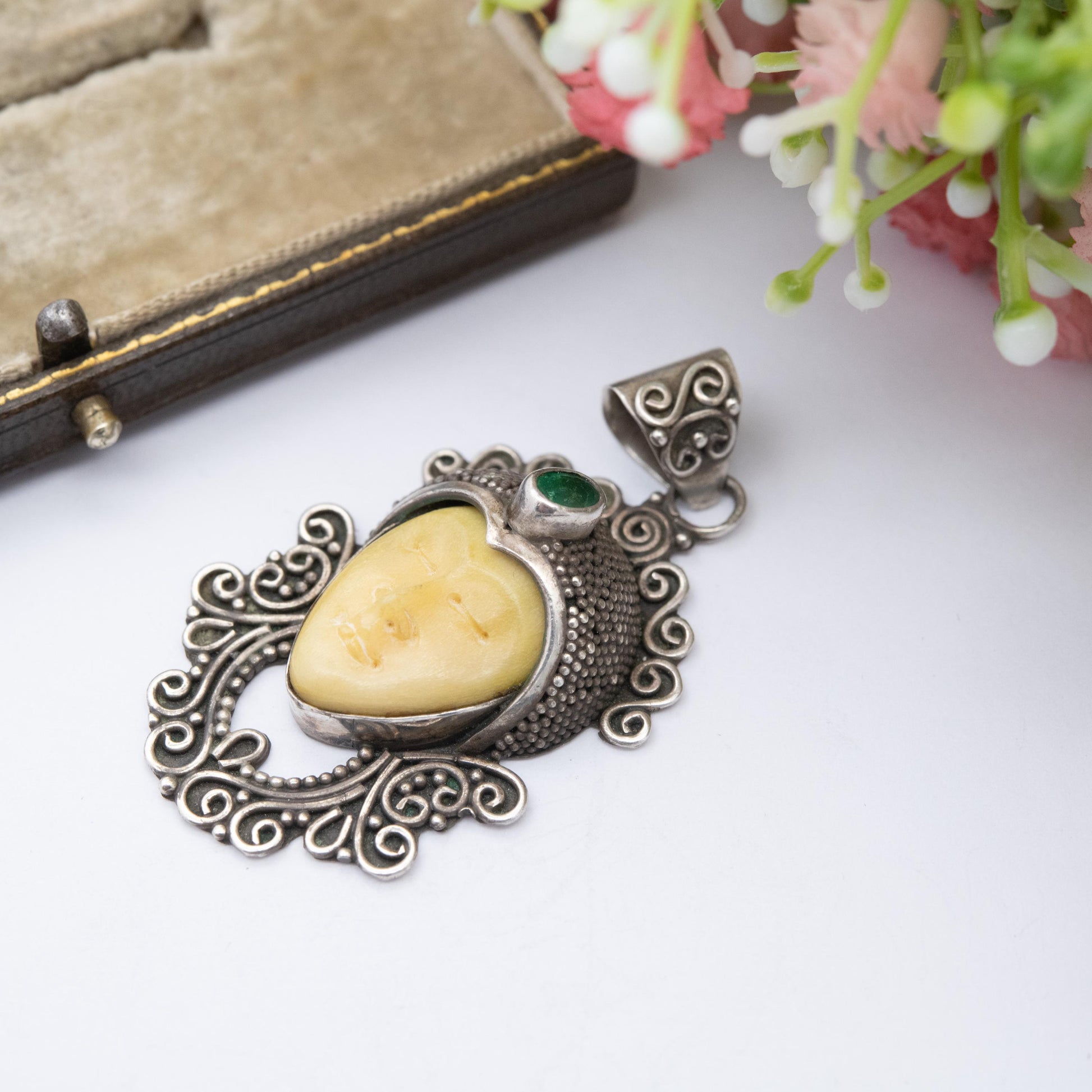 Sterling Silver and Carved Bone Face Pendant - Thai Bali | Green Gemstone | Beaded Scrolling Design