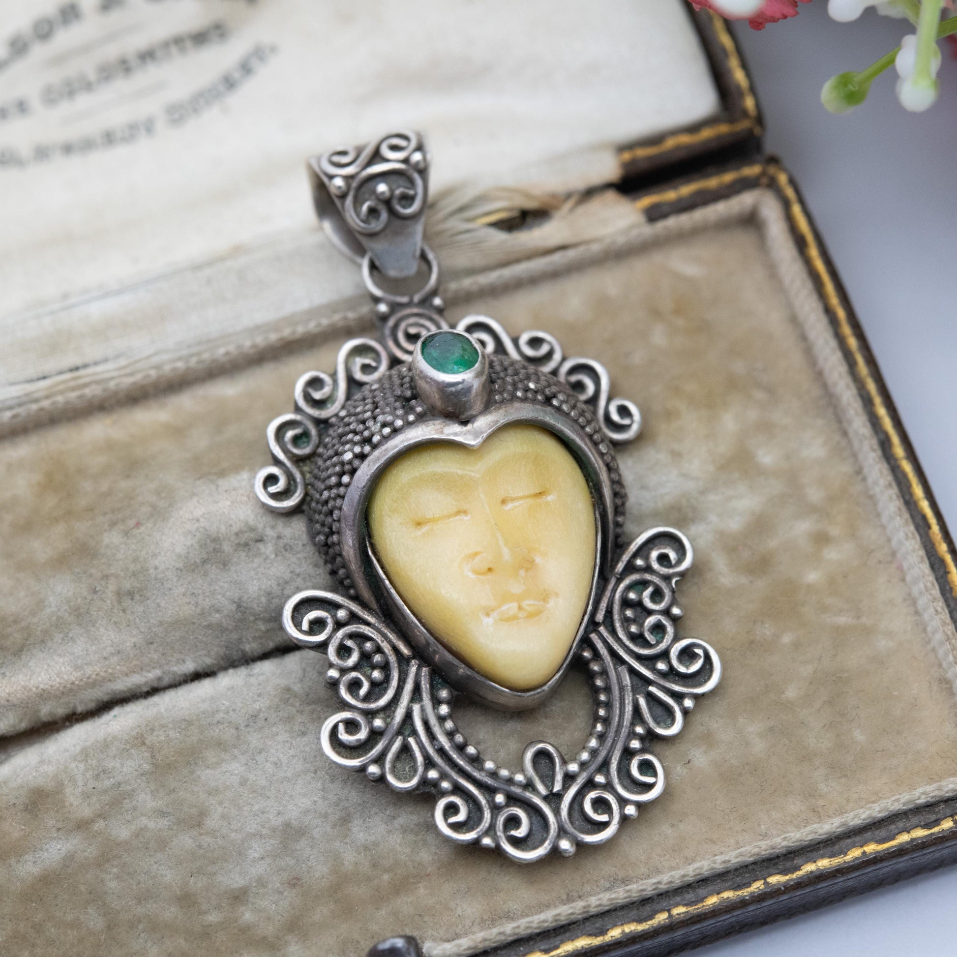 Sterling Silver and Carved Bone Face Pendant - Thai Bali | Green Gemstone | Beaded Scrolling Design