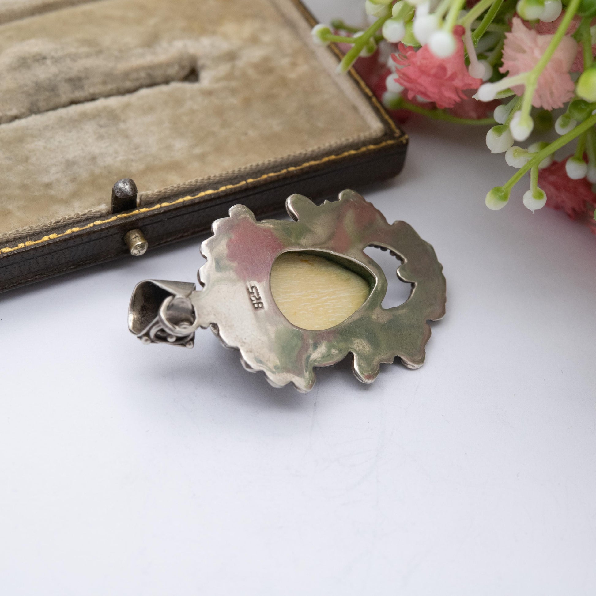 Sterling Silver and Carved Bone Face Pendant - Thai Bali | Green Gemstone | Beaded Scrolling Design