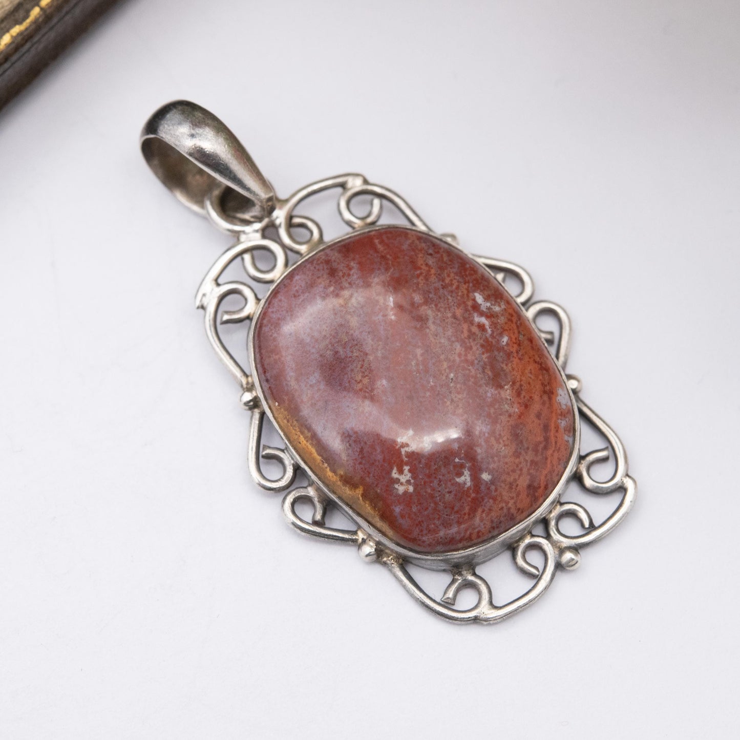 Vintage Sterling Silver and Jasper Pendant - Large Brown Gemstone | Openwork Mount | Gift for Her