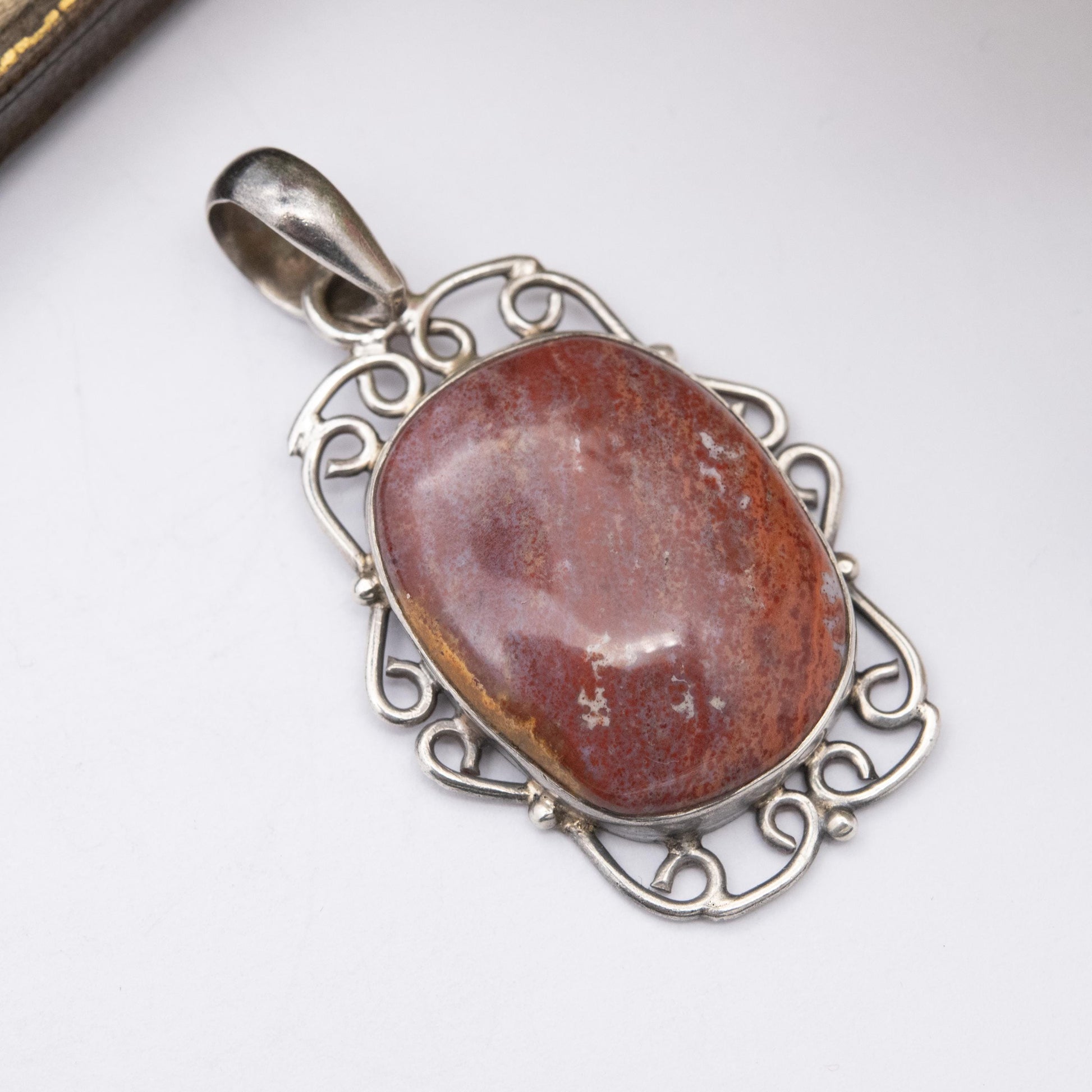 Vintage Sterling Silver and Jasper Pendant - Large Brown Gemstone | Openwork Mount | Gift for Her