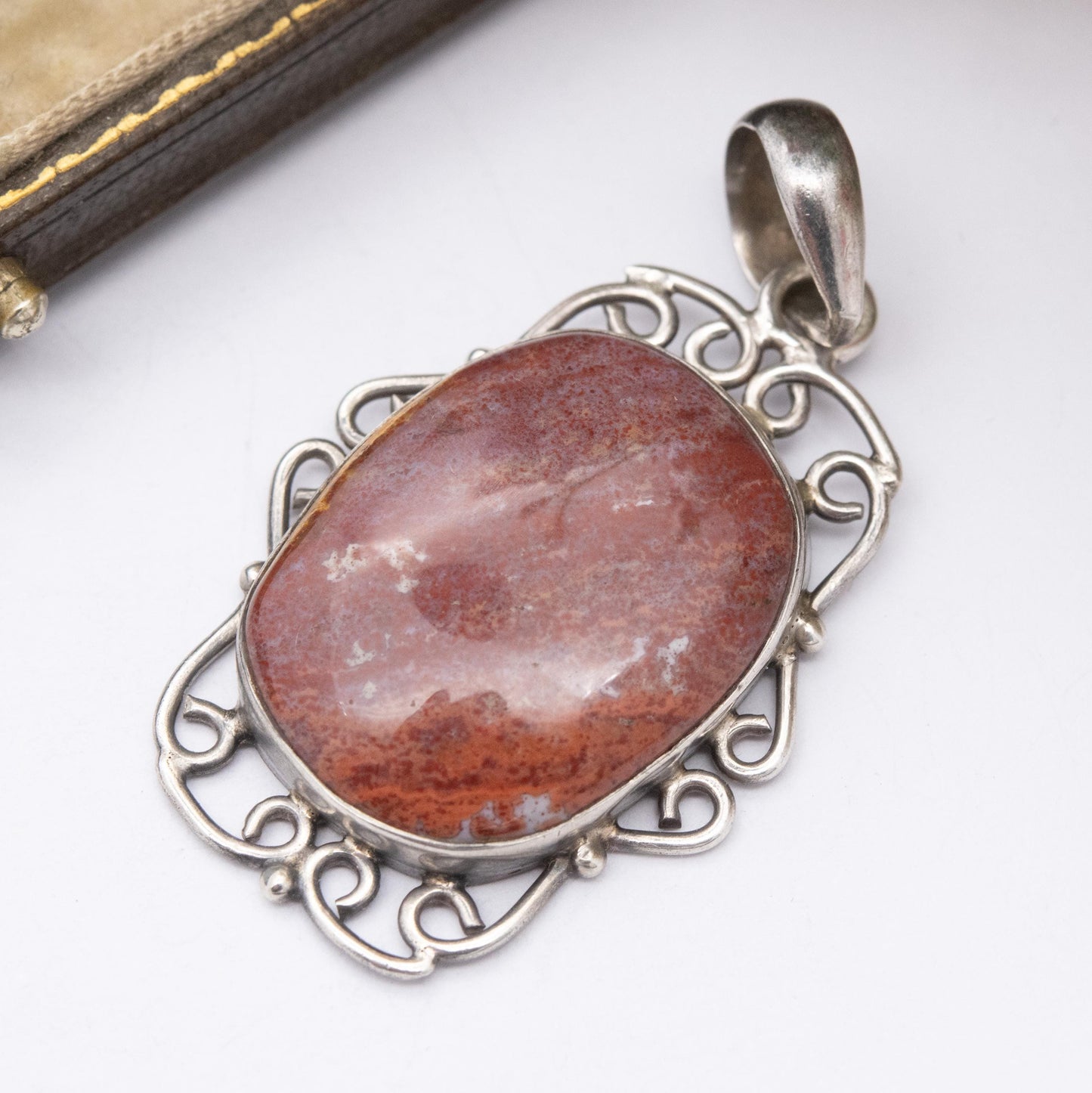 Vintage Sterling Silver and Jasper Pendant - Large Brown Gemstone | Openwork Mount | Gift for Her