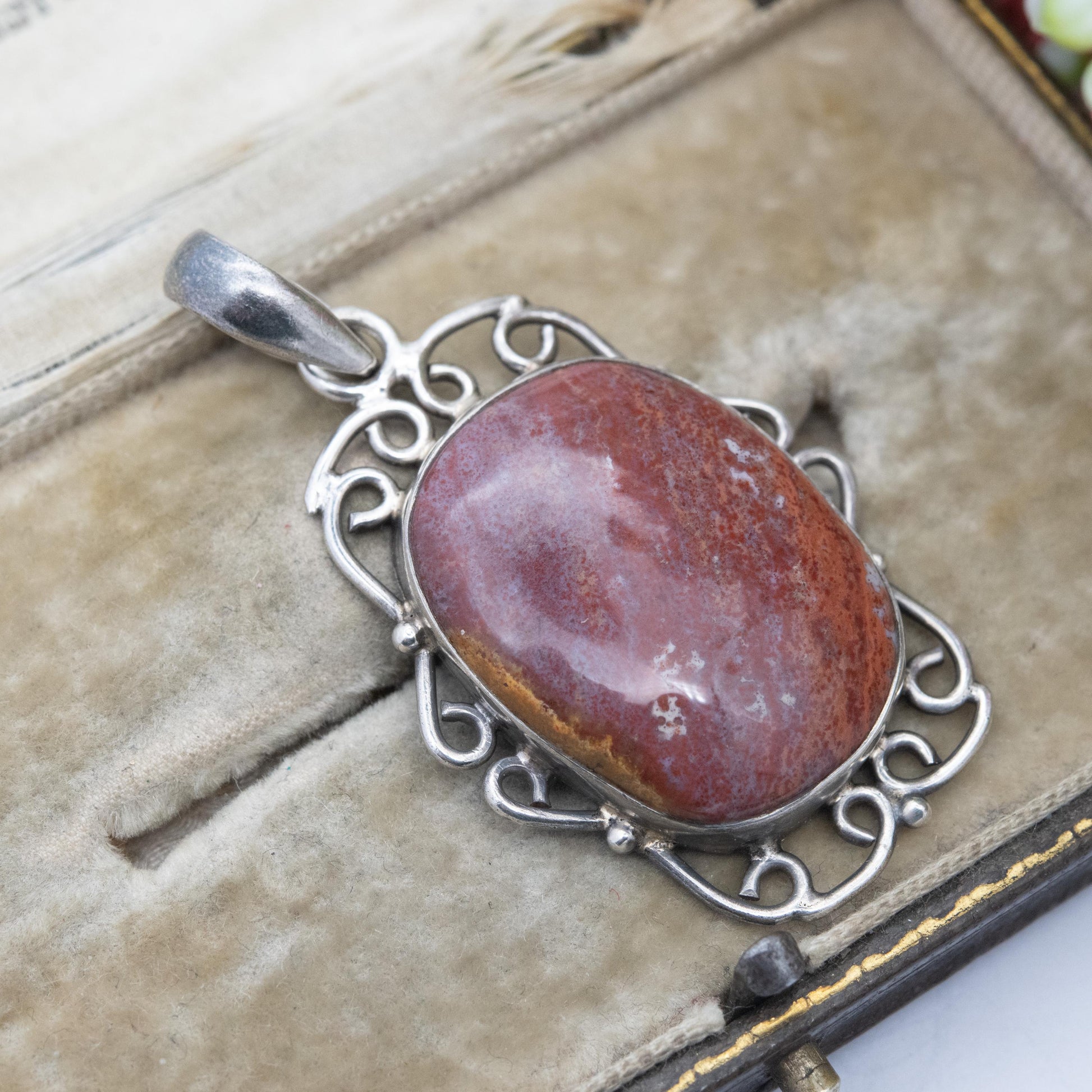 Vintage Sterling Silver and Jasper Pendant - Large Brown Gemstone | Openwork Mount | Gift for Her