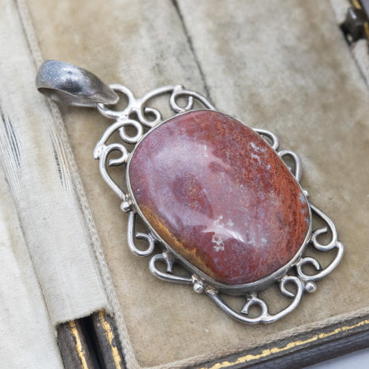Vintage Sterling Silver and Jasper Pendant - Large Brown Gemstone | Openwork Mount | Gift for Her