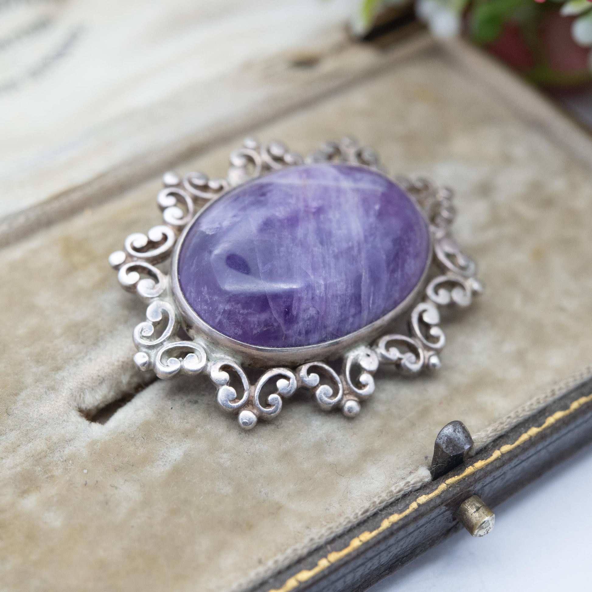 Vintage Sterling Silver Amethyst Cabochon Brooch 1982 - Chunky Mid-Century Oval Cabochon Purple Stone | Gift for Her