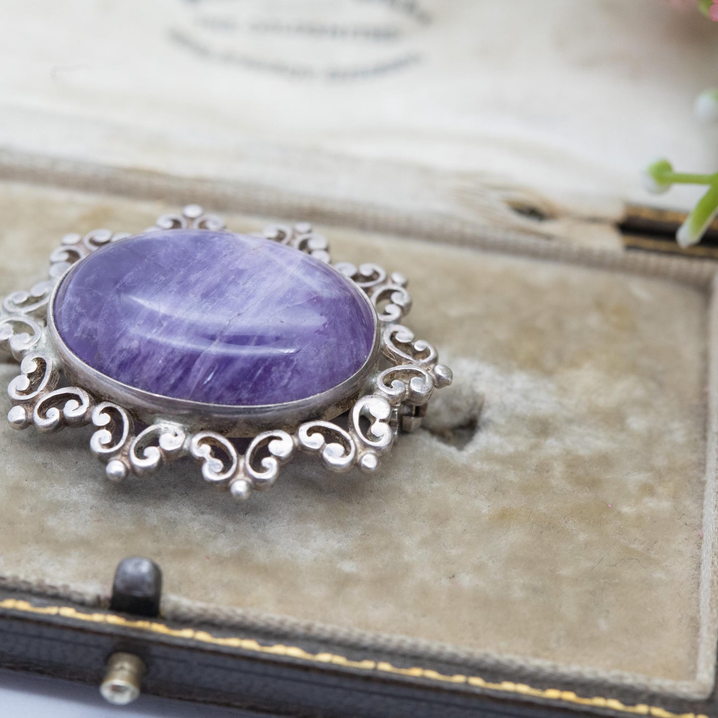 Vintage Sterling Silver Amethyst Cabochon Brooch 1982 - Chunky Mid-Century Oval Cabochon Purple Stone | Gift for Her