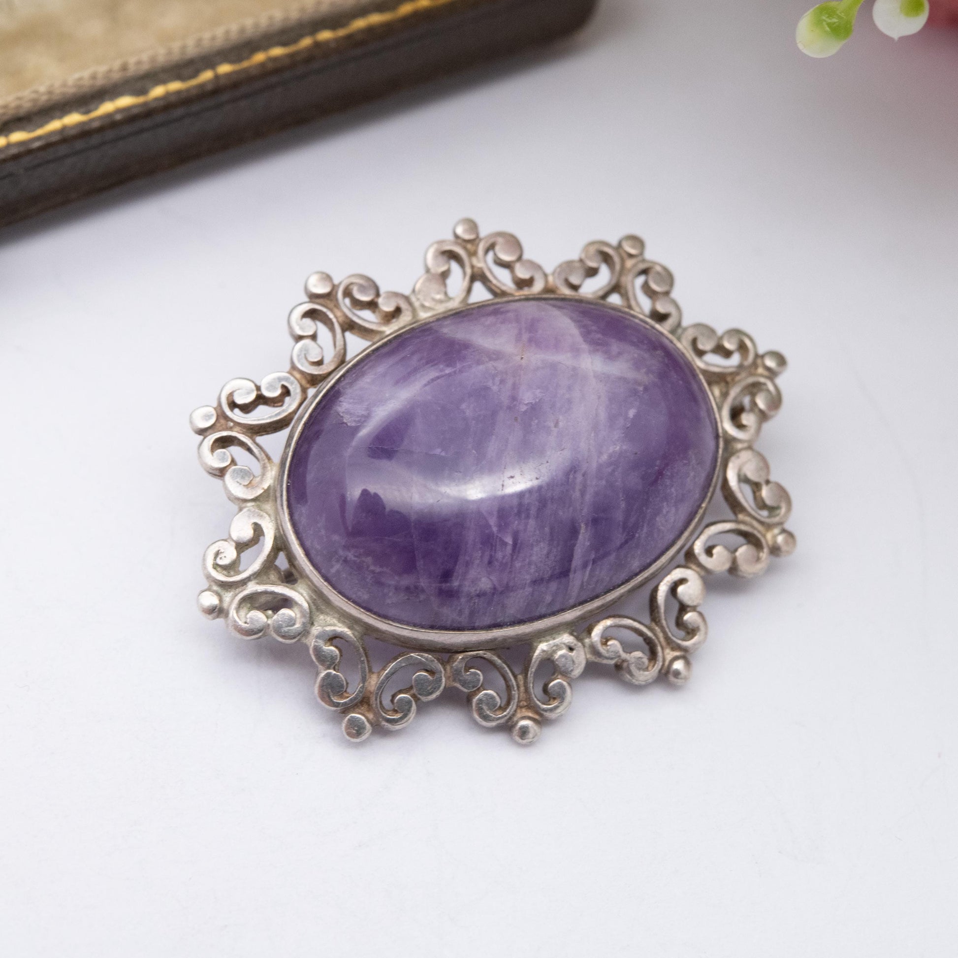Vintage Sterling Silver Amethyst Cabochon Brooch 1982 - Chunky Mid-Century Oval Cabochon Purple Stone | Gift for Her