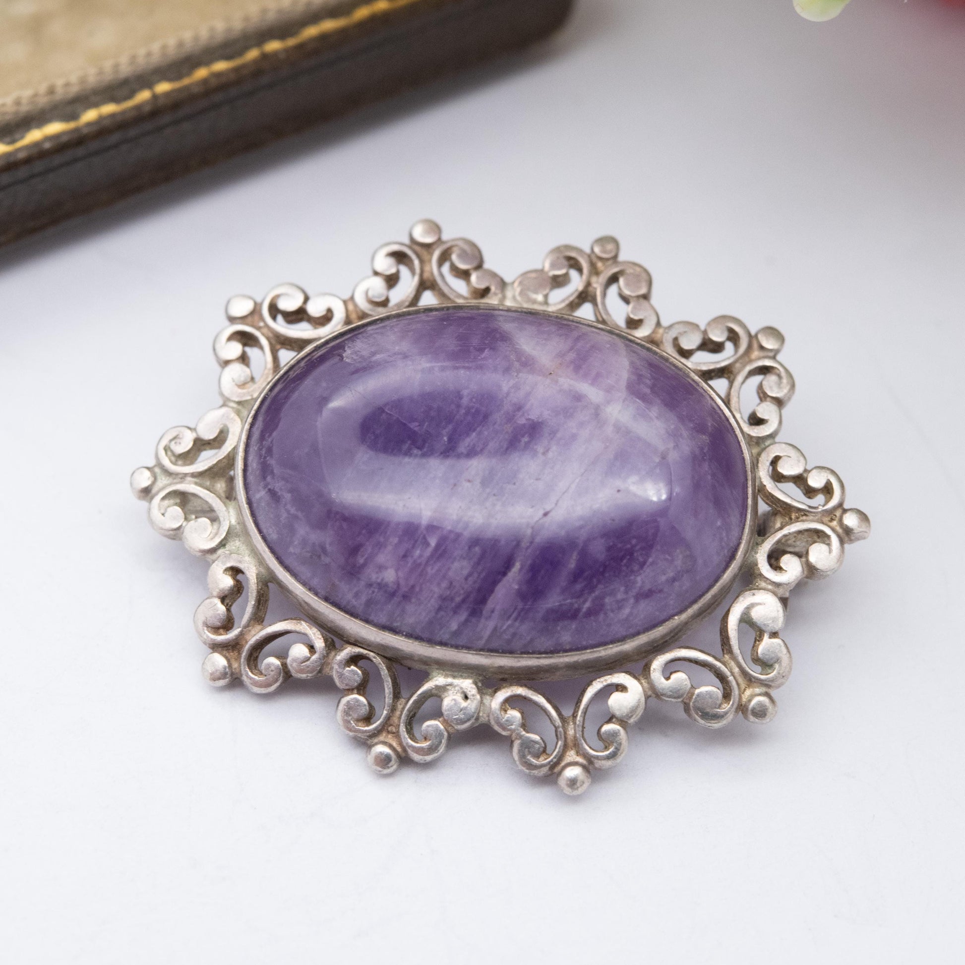 Vintage Sterling Silver Amethyst Cabochon Brooch 1982 - Chunky Mid-Century Oval Cabochon Purple Stone | Gift for Her