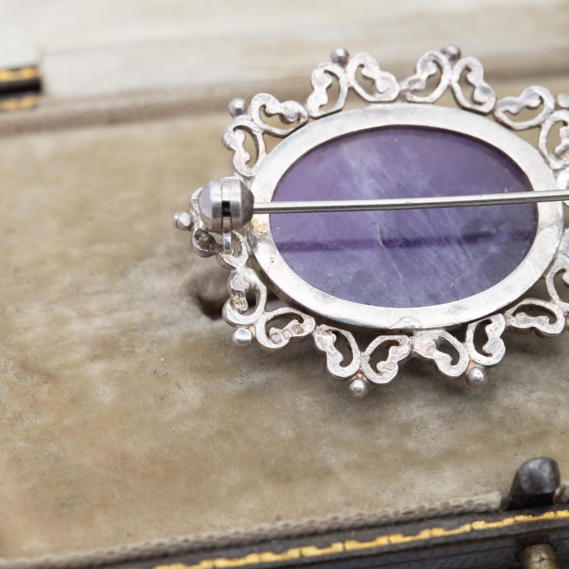 Vintage Sterling Silver Amethyst Cabochon Brooch 1982 - Chunky Mid-Century Oval Cabochon Purple Stone | Gift for Her
