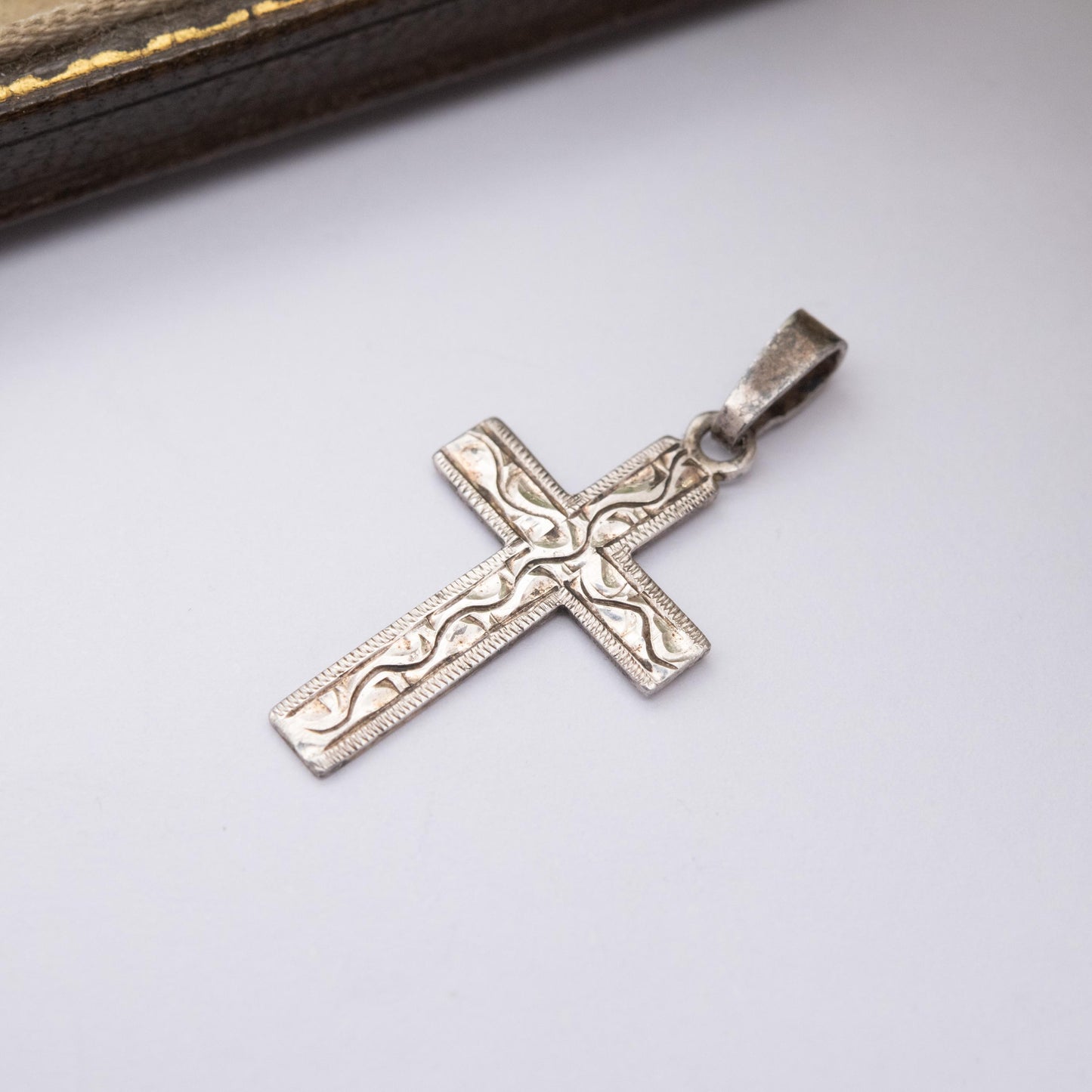 Vintage Kordes and Lichtenfels Sterling Silver Floral Cross Pendant - Textured Scrolling Engraving | Vintage Religious Jewellery