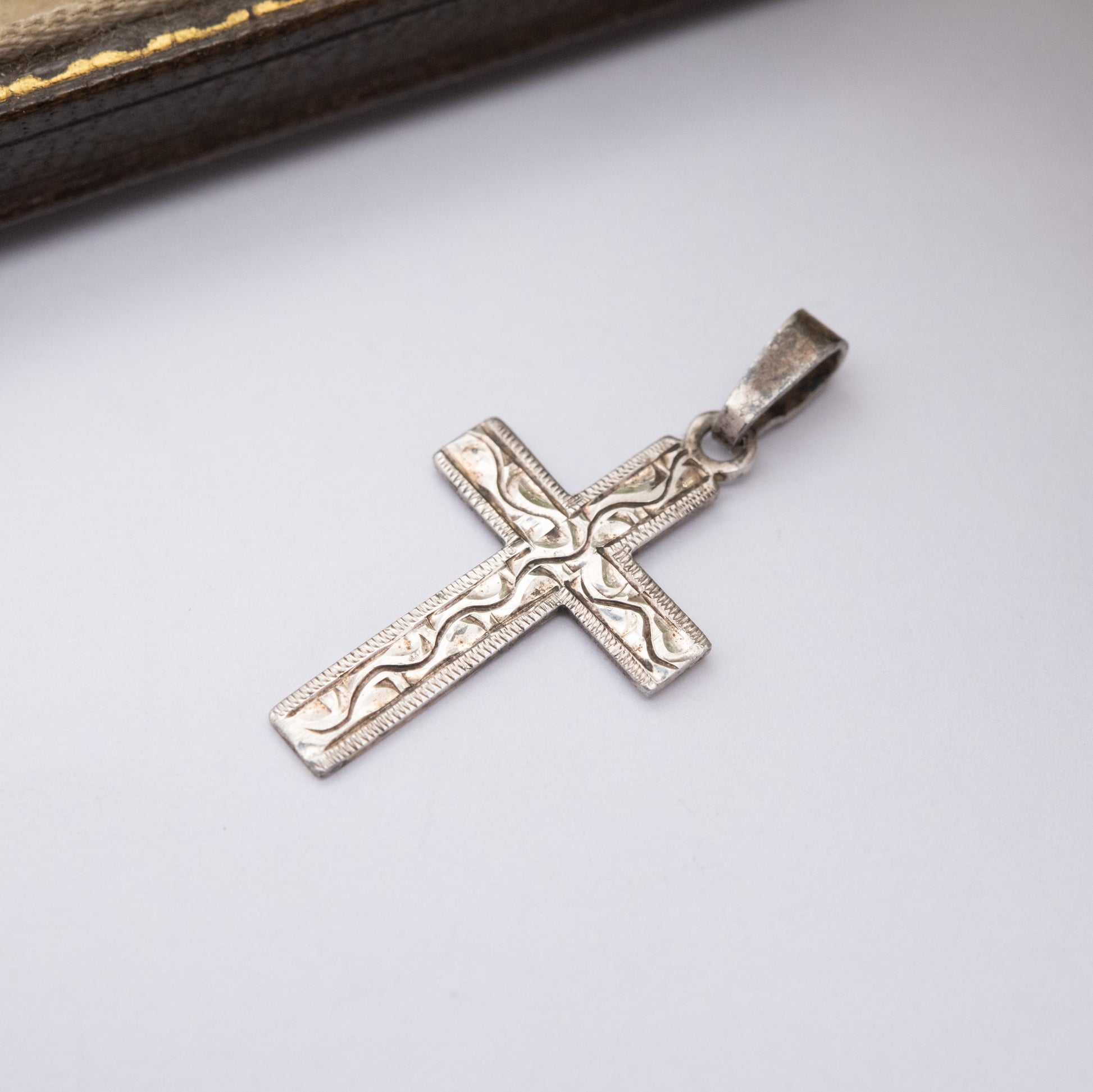 Vintage Kordes and Lichtenfels Sterling Silver Floral Cross Pendant - Textured Scrolling Engraving | Vintage Religious Jewellery