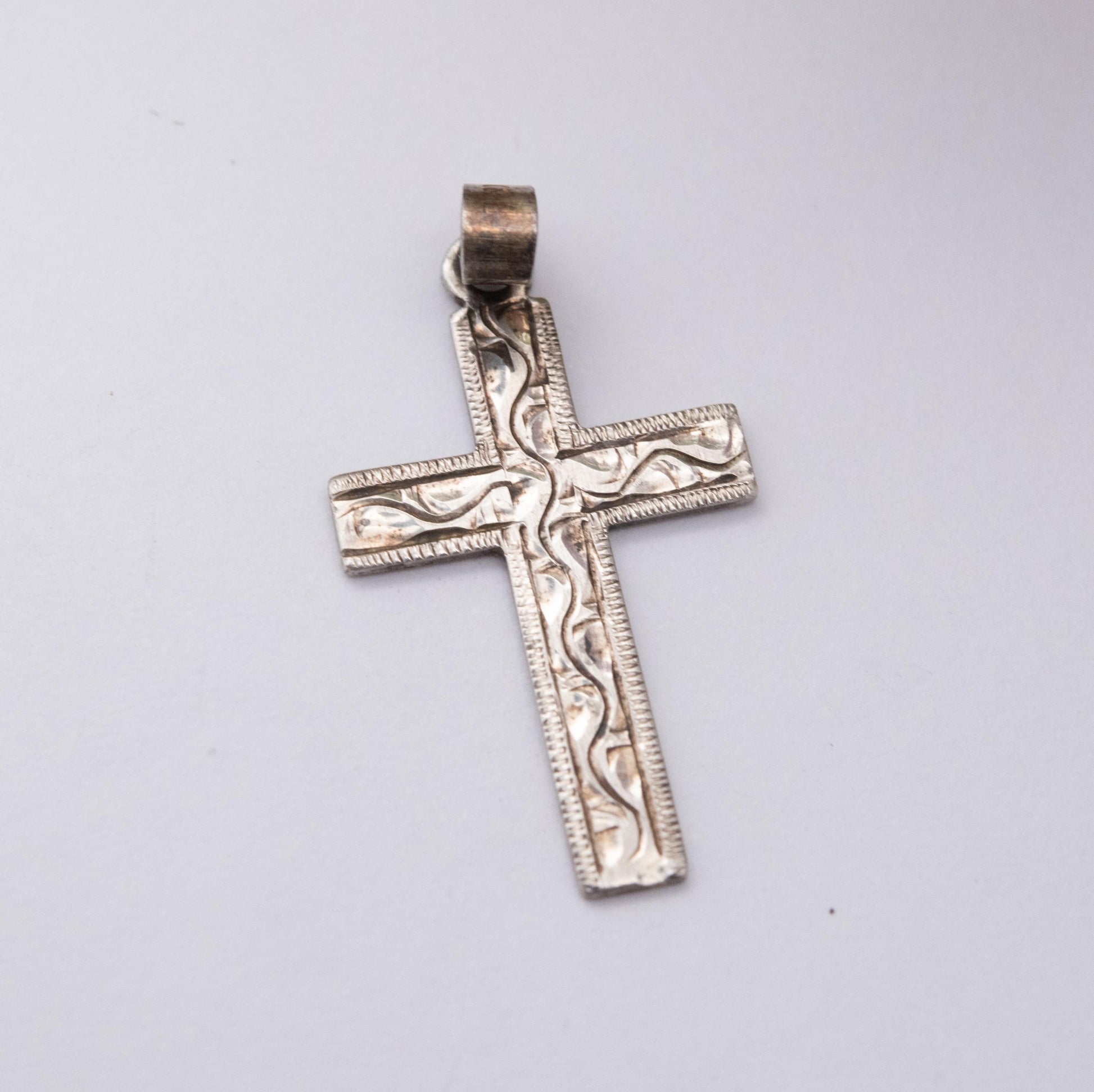 Vintage Kordes and Lichtenfels Sterling Silver Floral Cross Pendant - Textured Scrolling Engraving | Vintage Religious Jewellery