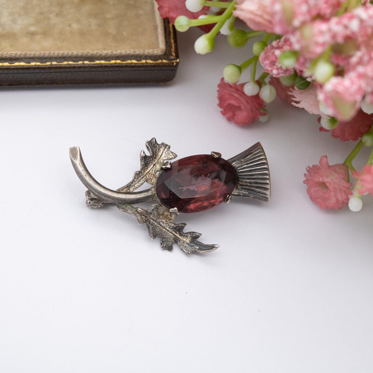 Vintage Sterling Silver Scottish Thistle Brooch - Purple Foiled Glass | Traditional Flower of Scotland Pin