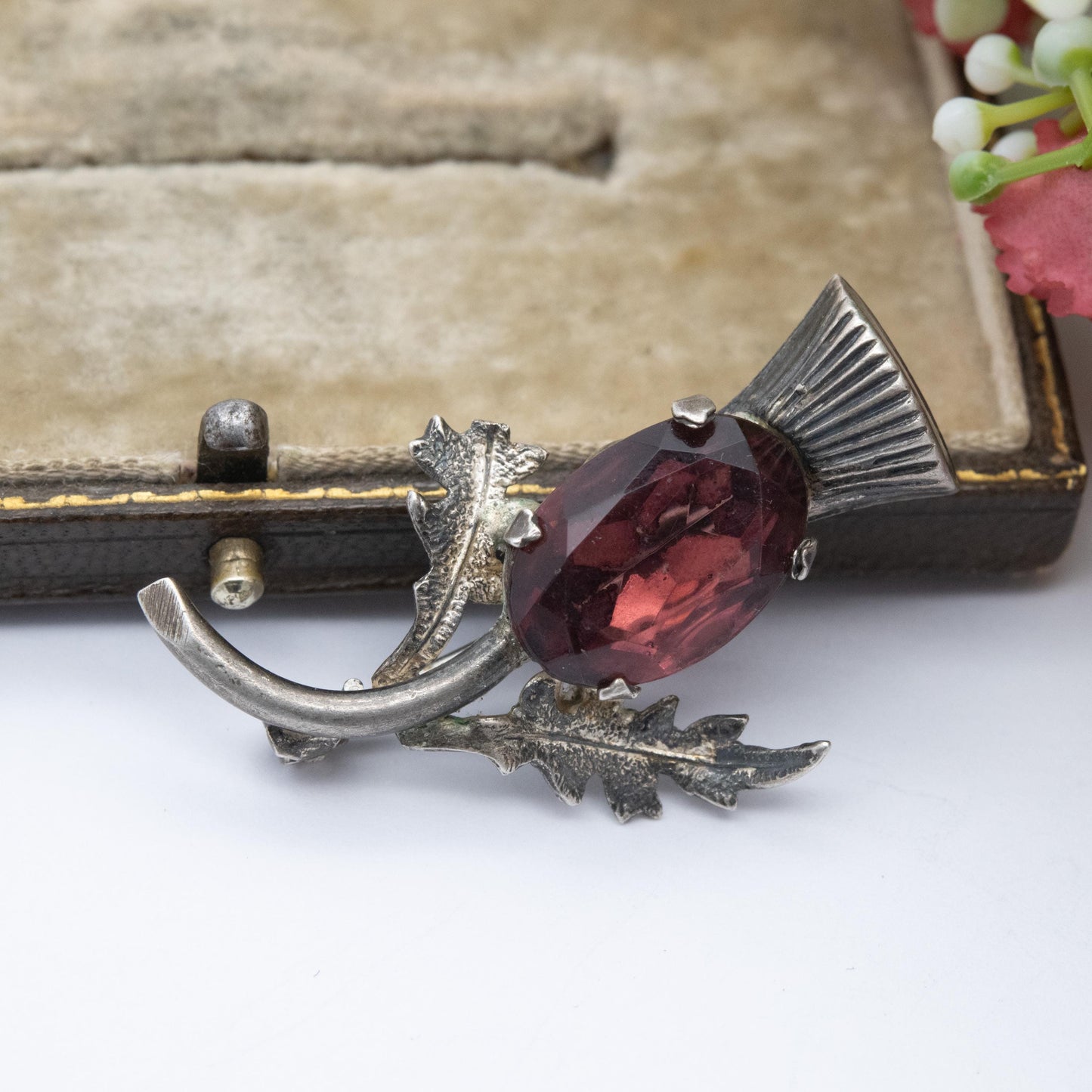 Vintage Sterling Silver Scottish Thistle Brooch - Purple Foiled Glass | Traditional Flower of Scotland Pin
