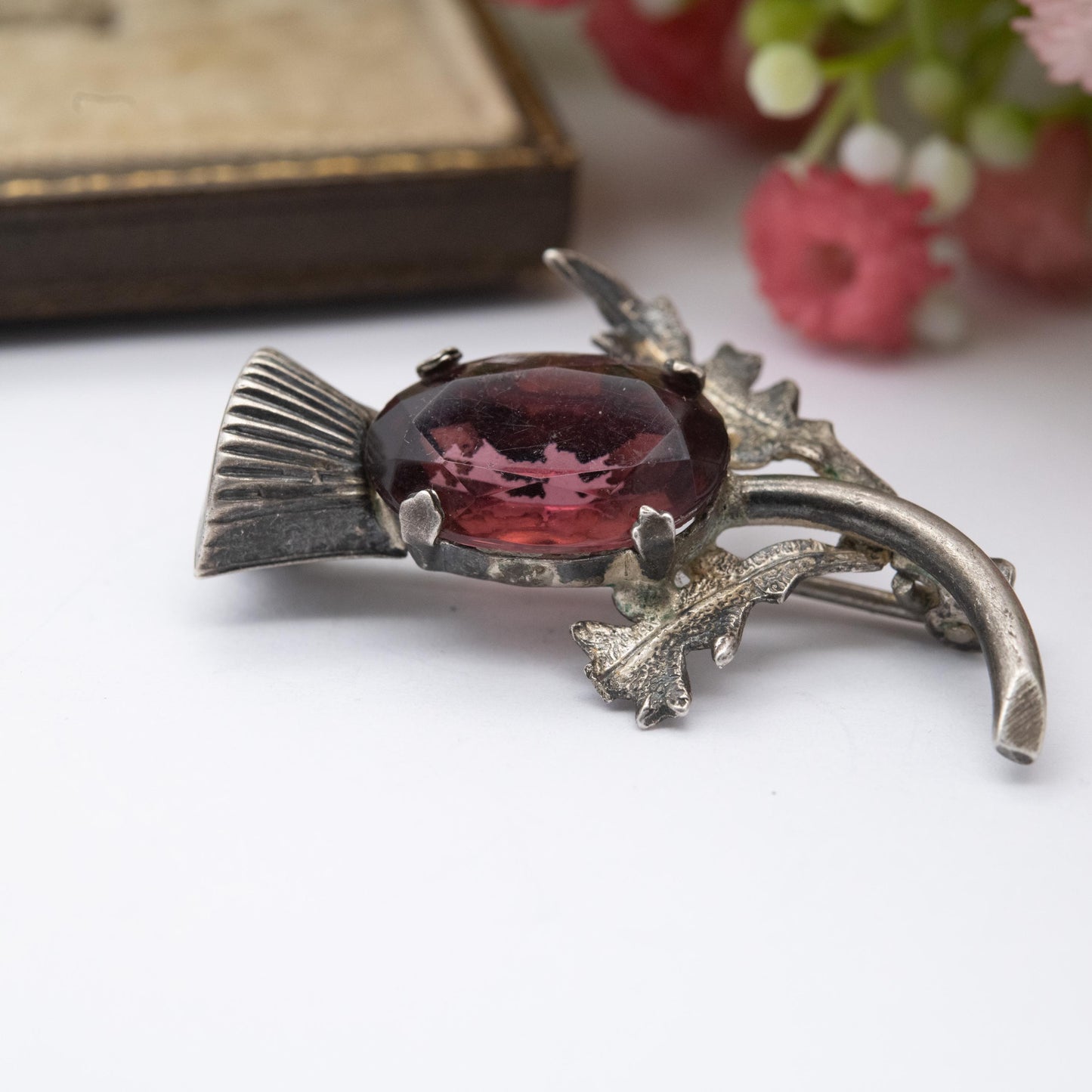 Vintage Sterling Silver Scottish Thistle Brooch - Purple Foiled Glass | Traditional Flower of Scotland Pin