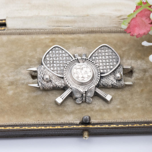 Antique Victorian Sterling Silver Tennis Locket Brooch - Crossed Rackets Net and Hat Design | Sentimental Jewellery