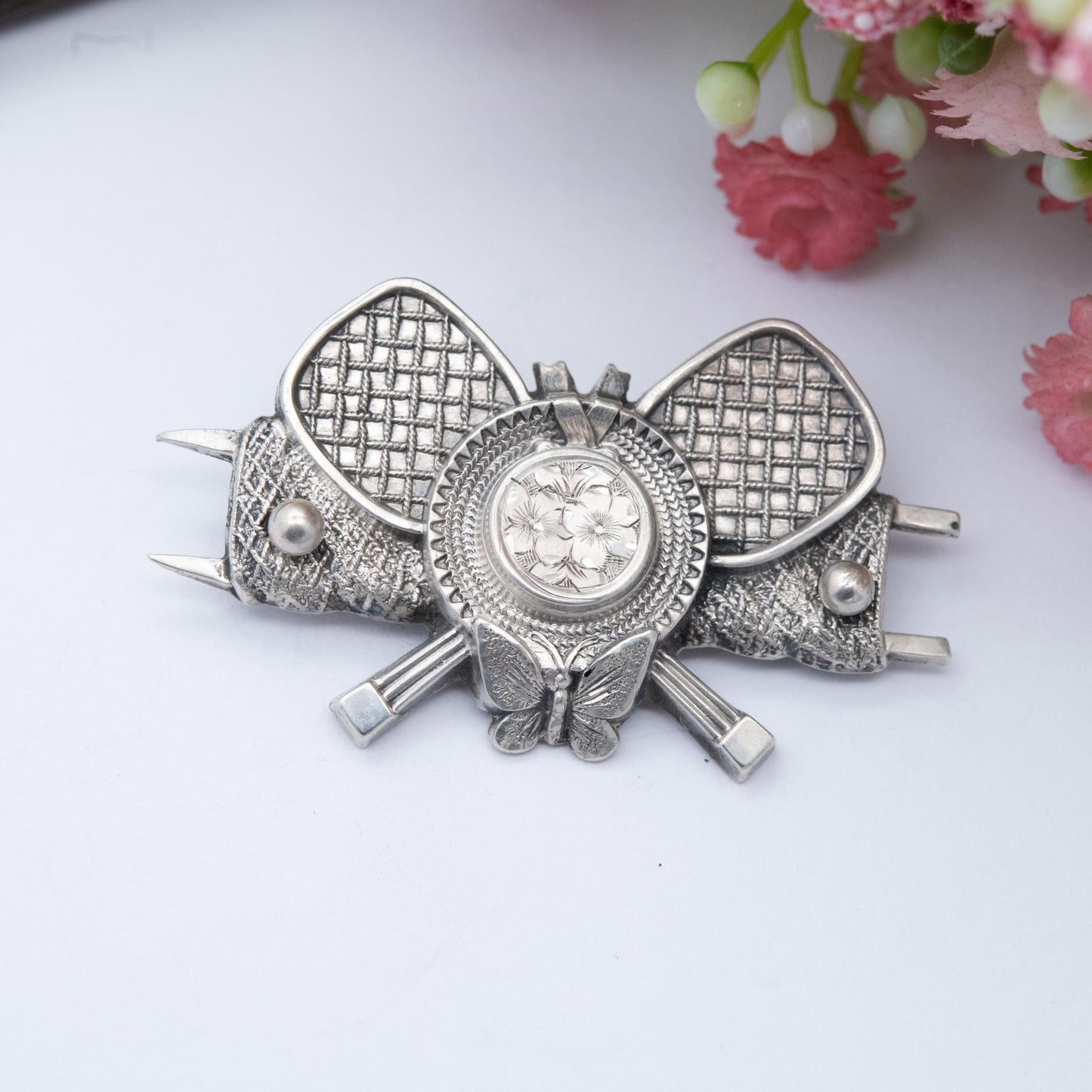 Antique Victorian Sterling Silver Tennis Locket Brooch - Crossed Rackets Net and Hat Design | Sentimental Jewellery