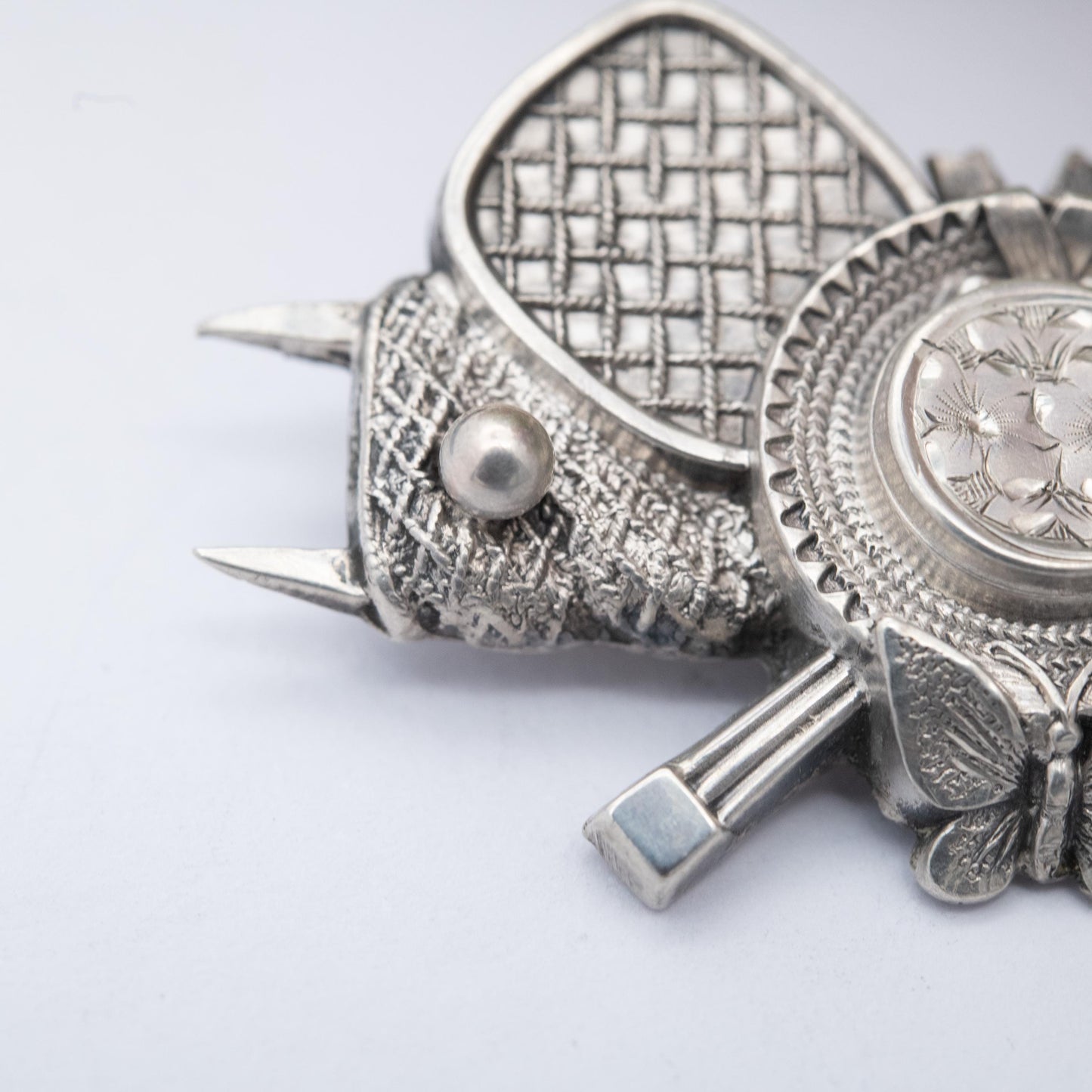 Antique Victorian Sterling Silver Tennis Locket Brooch - Crossed Rackets Net and Hat Design | Sentimental Jewellery