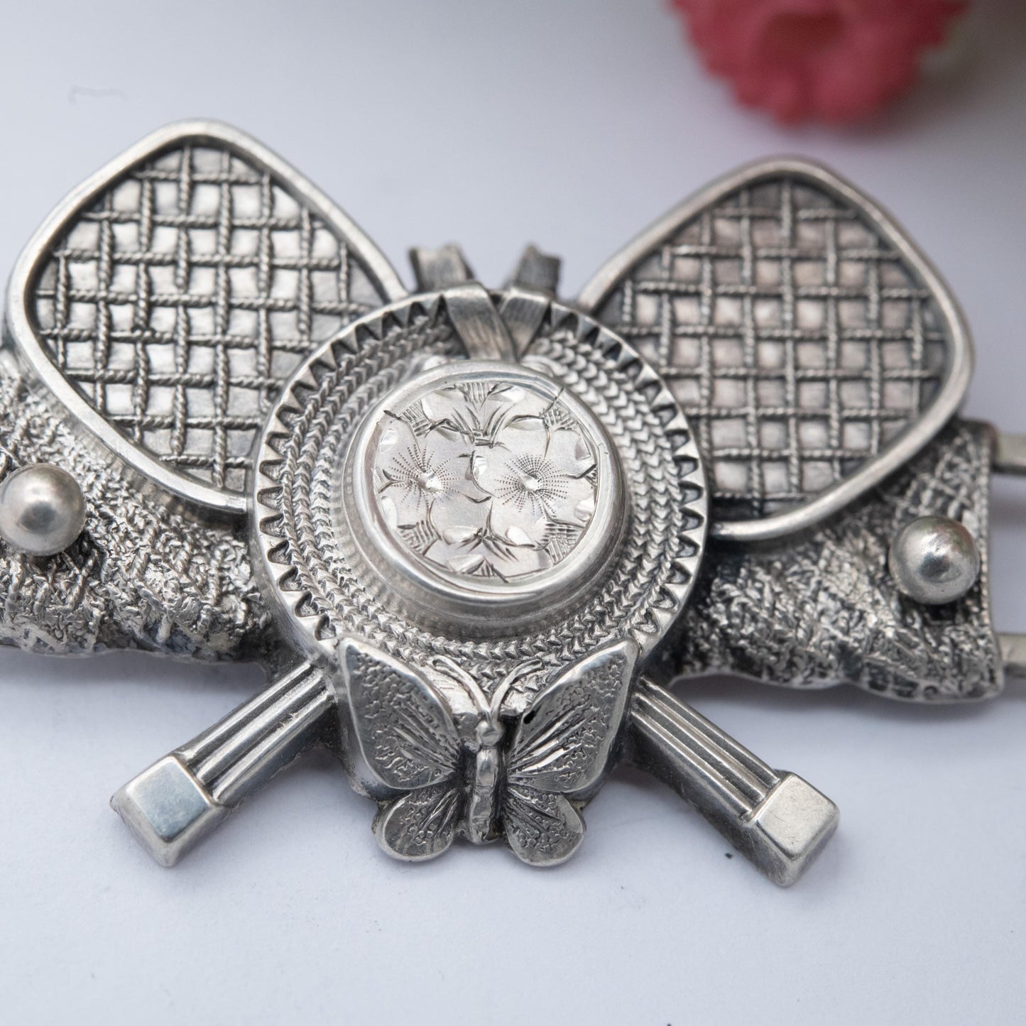 Antique Victorian Sterling Silver Tennis Locket Brooch - Crossed Rackets Net and Hat Design | Sentimental Jewellery