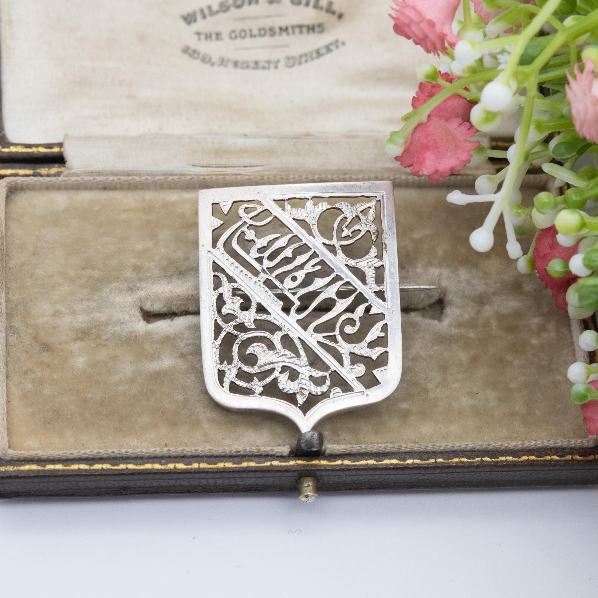 Antique Silver Shield Brooch - Beautiful Floral Openwork and Script Design | Middle East African Script
