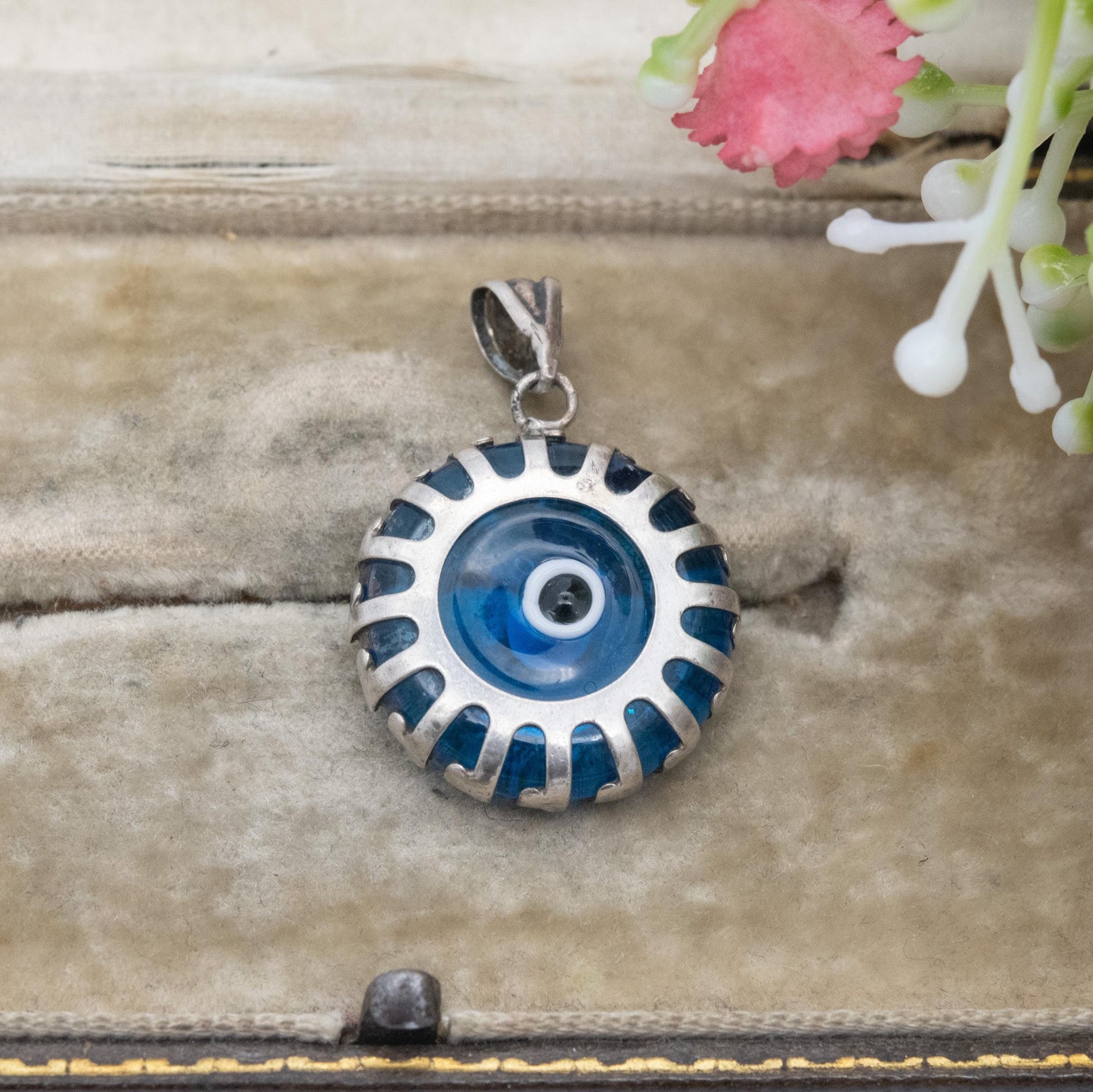Vintage Sterling Silver Glass Evil Eye Charm Pendant - Small Round Blue Charm for Necklace Pendant