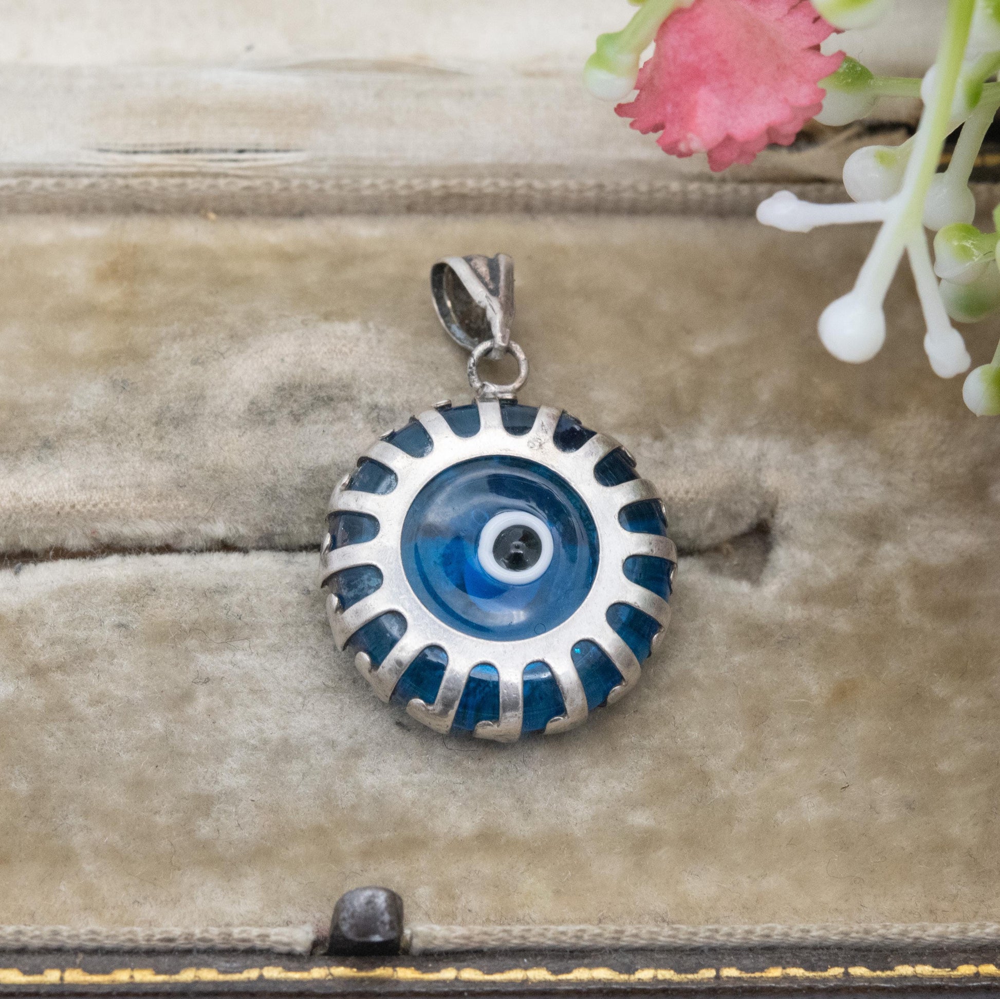 Vintage Sterling Silver Glass Evil Eye Charm Pendant - Small Round Blue Charm for Necklace Pendant