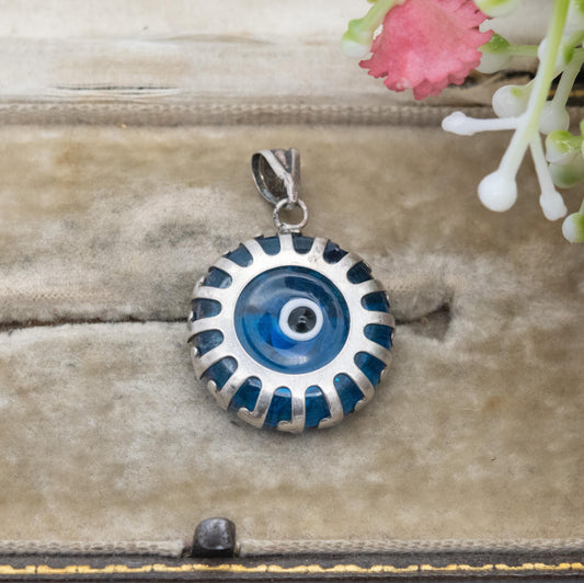 Vintage Sterling Silver Glass Evil Eye Charm Pendant - Small Round Blue Charm for Necklace Pendant