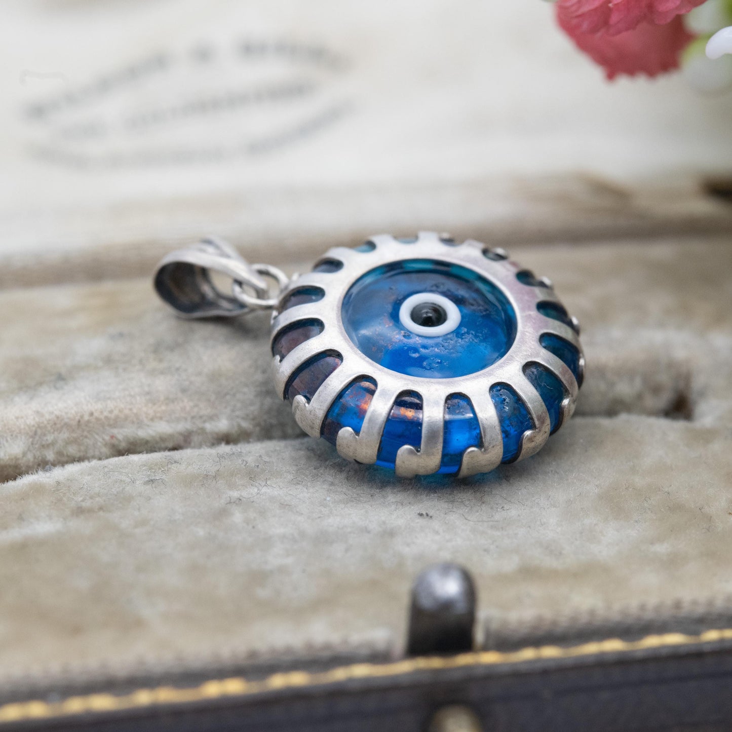 Vintage Sterling Silver Glass Evil Eye Charm Pendant - Small Round Blue Charm for Necklace Pendant