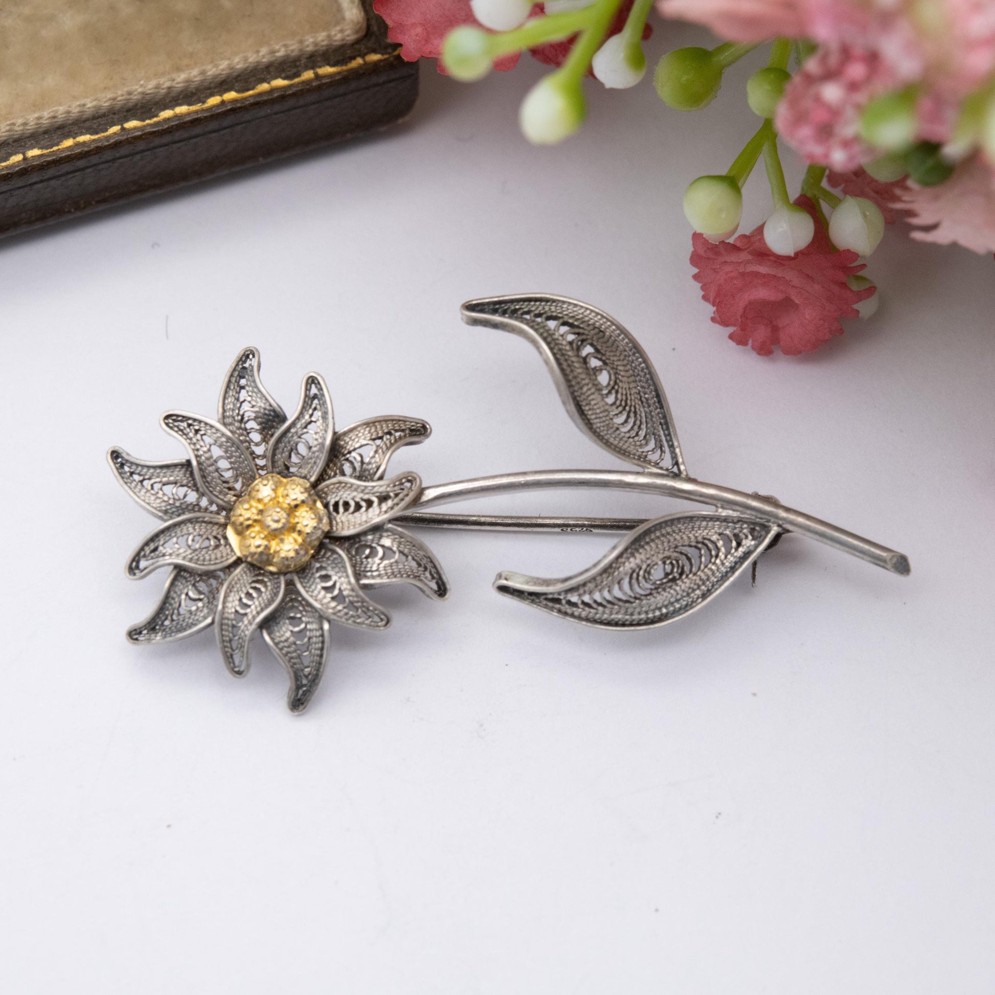 Vintage Sterling Silver Filigree Flower Brooch - Openwork Beaded Floral Design | Statement Jewellery | Gift for Her | Gift for Mother