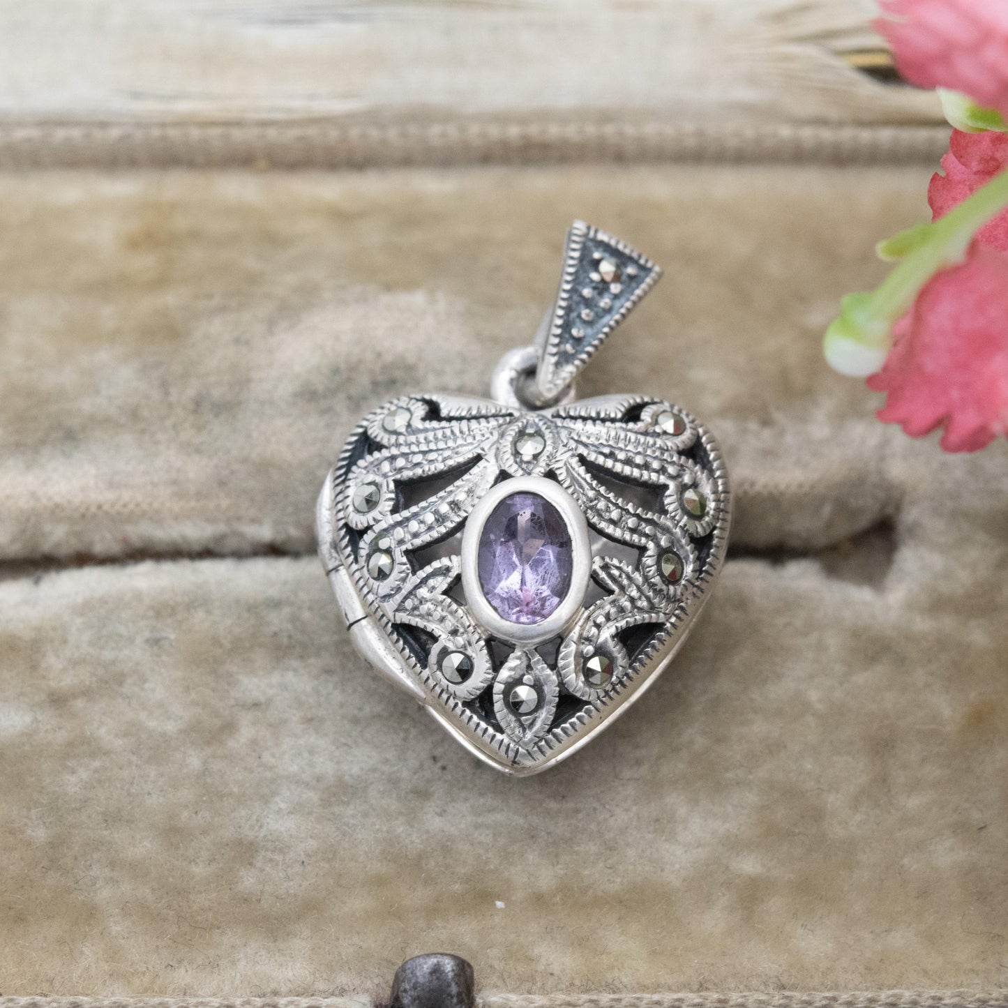 Sterling Silver Marcasite & Amethyst Heart Locket Pendant - Thai | Ornate | Love Heart | Pretty Gift for Her Necklace