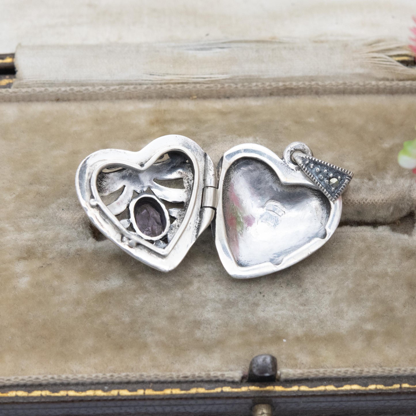 Sterling Silver Marcasite & Amethyst Heart Locket Pendant - Thai | Ornate | Love Heart | Pretty Gift for Her Necklace